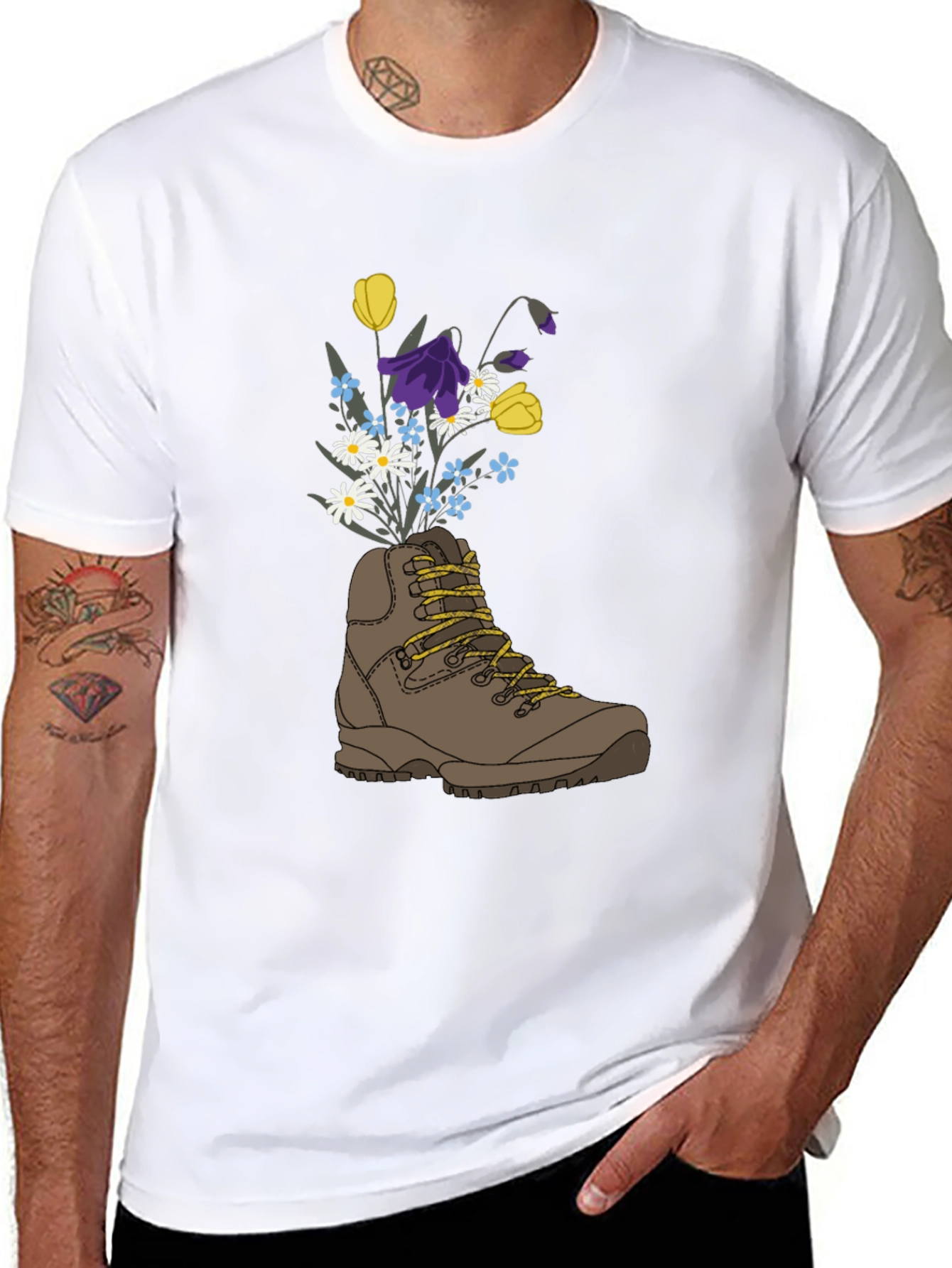 Black Floral Hiking Boot Graphic T-Shirt view 8
