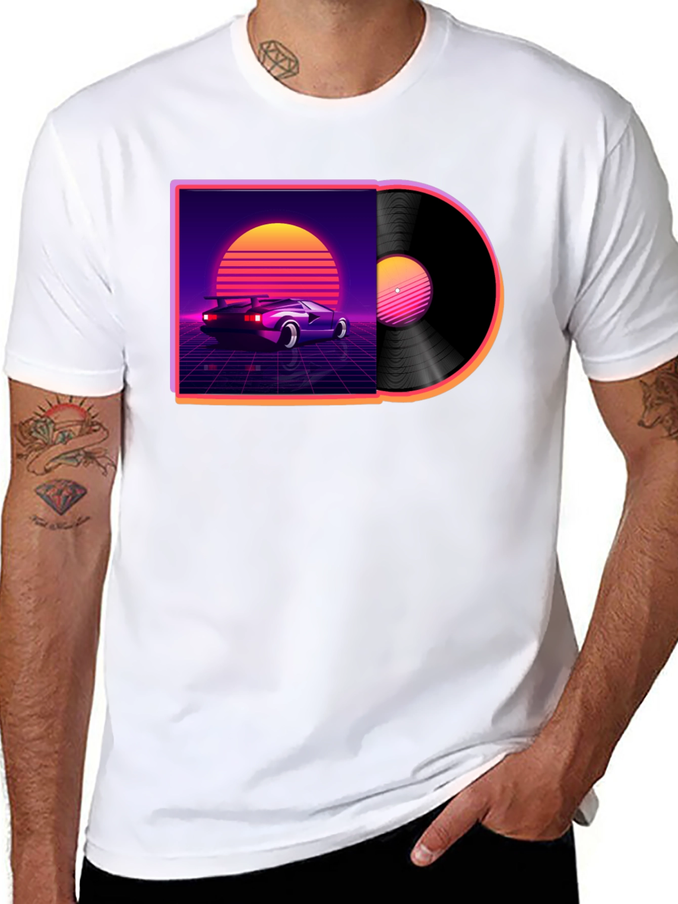 Black Retro Wave Vinyl T-Shirt - Classic Car Design view 8