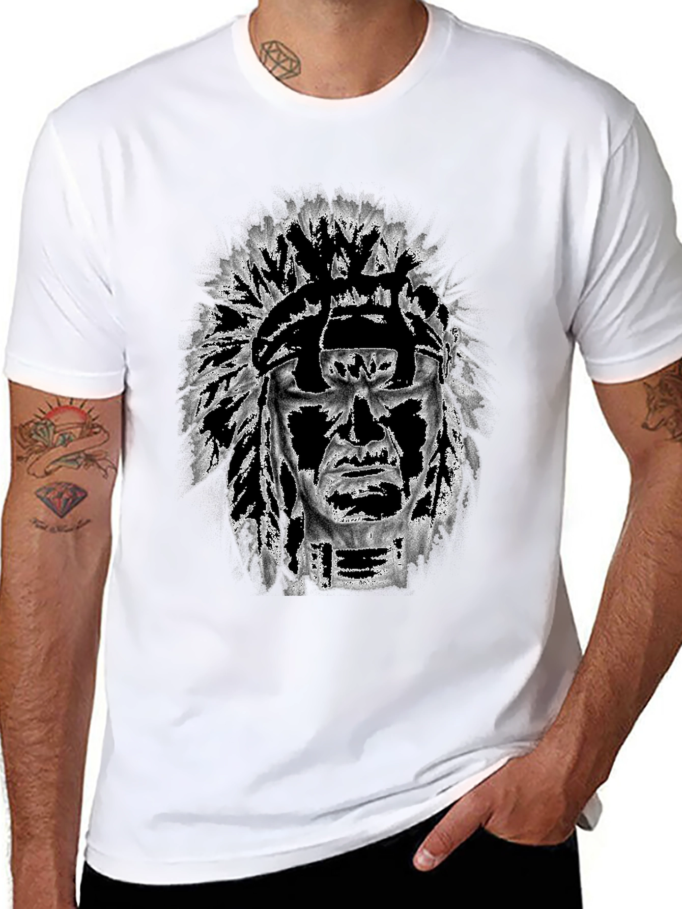 Black Graphic Tee: Native American Headdress Design view 8