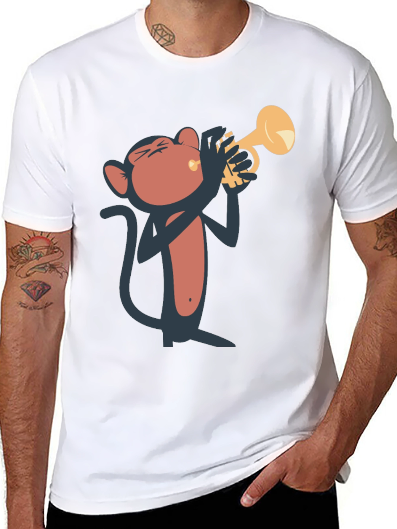 Black Monkey Playing Trumpet Graphic Tee - Black Cotton T-Shirt view 8