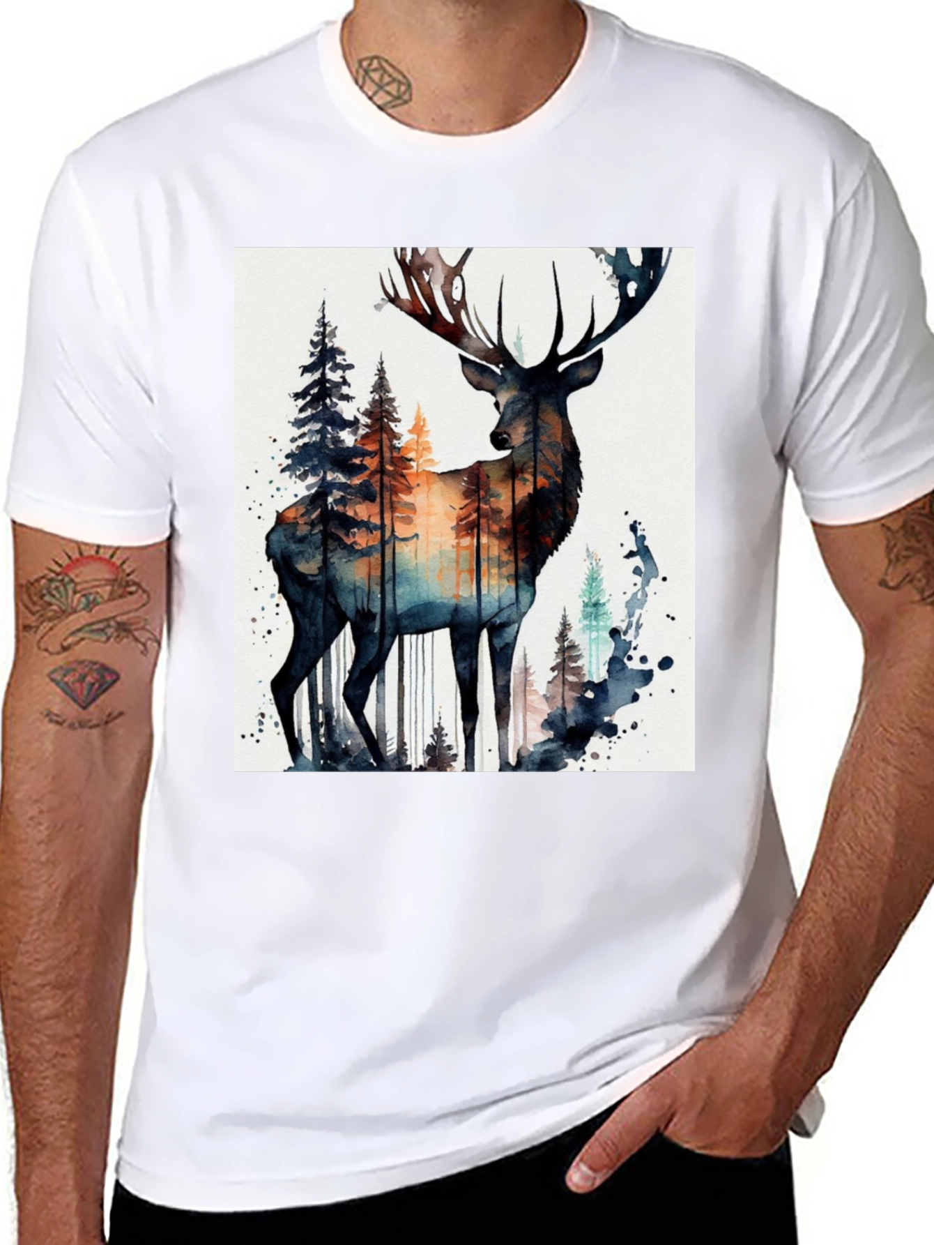 Black Deer Forest Watercolor Graphic Tee view 8