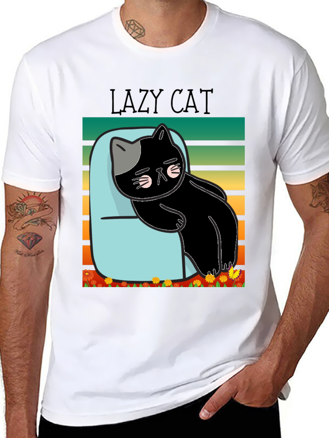Black Lazy Cat T-Shirt - Black Cotton Tee view 8