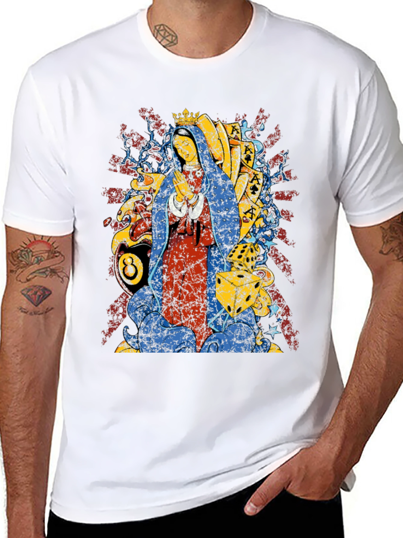 Black Graphic Tee - Virgin Mary & 8 Ball Design view 8