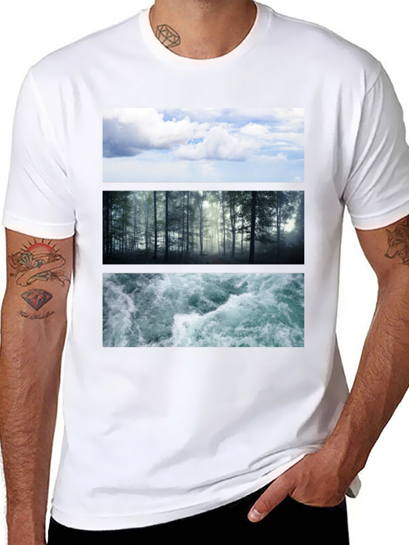 Black Nature Collage T-Shirt: Sky, Forest, Water Graphic Tee view 8