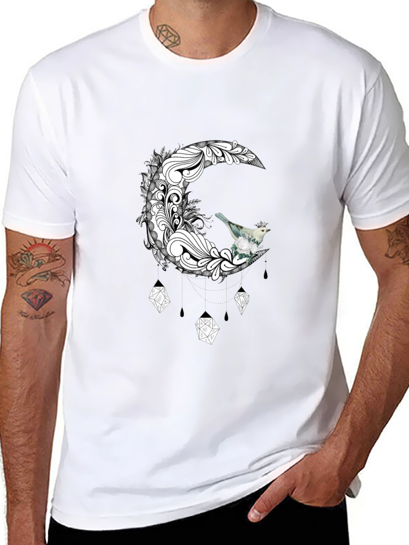 Black Black T-Shirt with Moon and Bird Graphic view 8