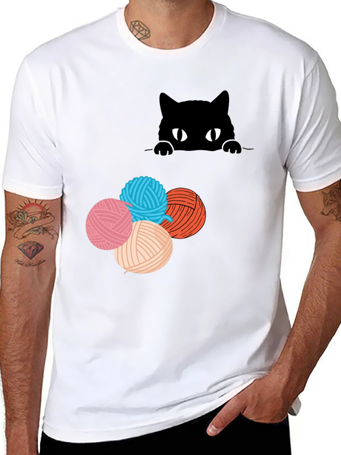 Black Cat Peek Yarn Ball T-Shirt view 8