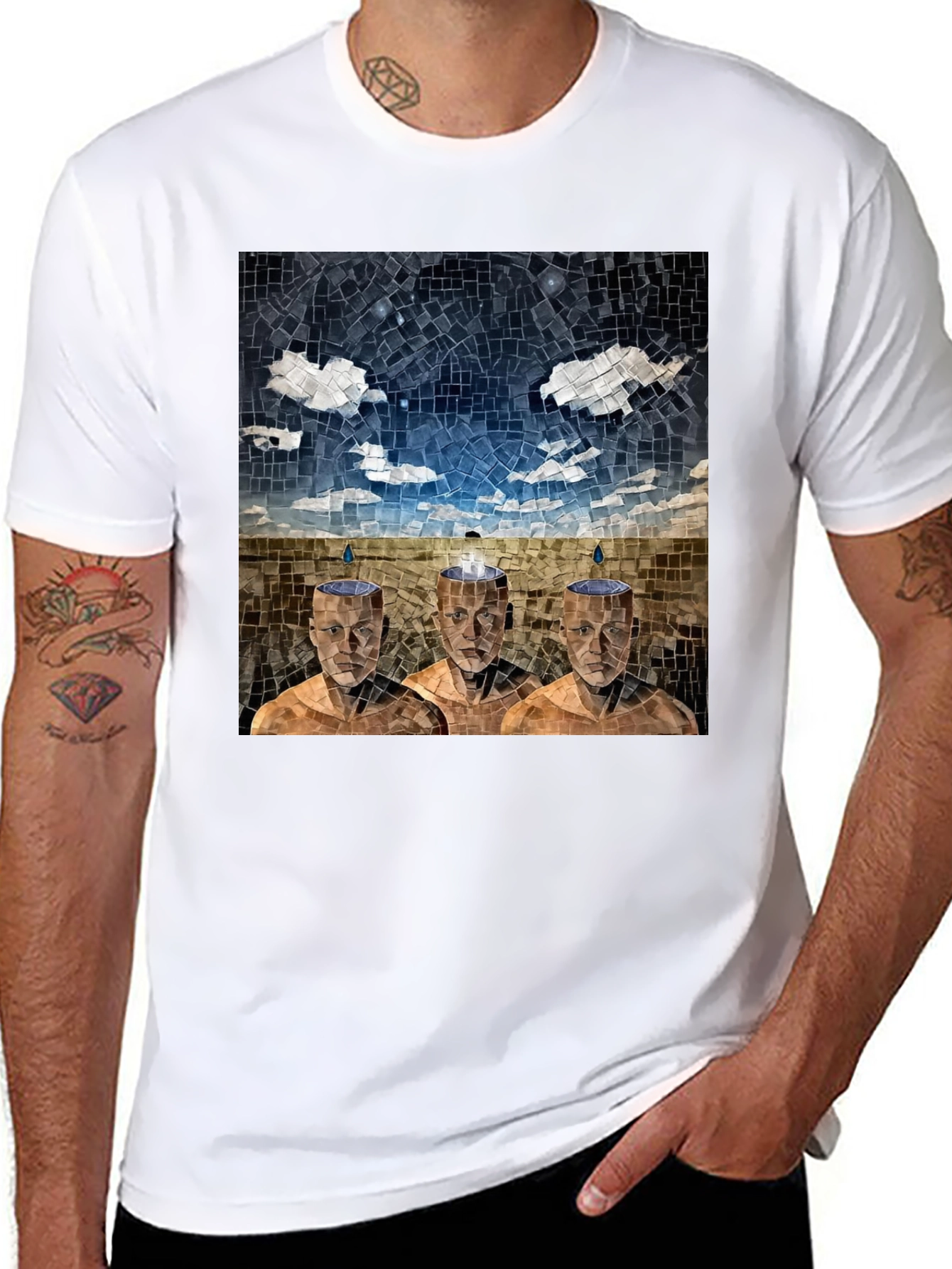 Black Mosaic Heads T-Shirt - Surreal Artistic Design view 8