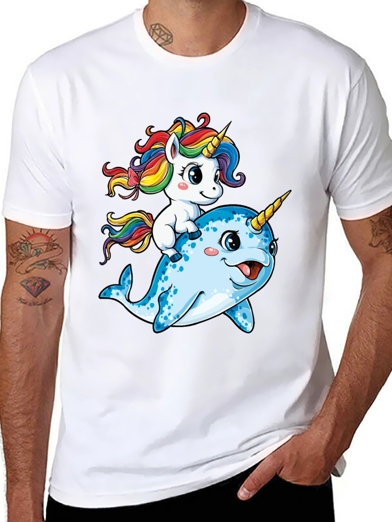 Black Unicorn Riding Narwhal T-Shirt view 8