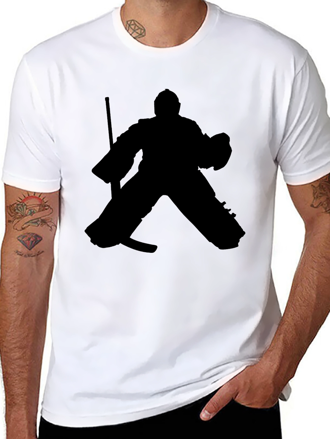 Black Hockey Goalie Silhouette Graphic Tee - Black Cotton T-Shirt view 8