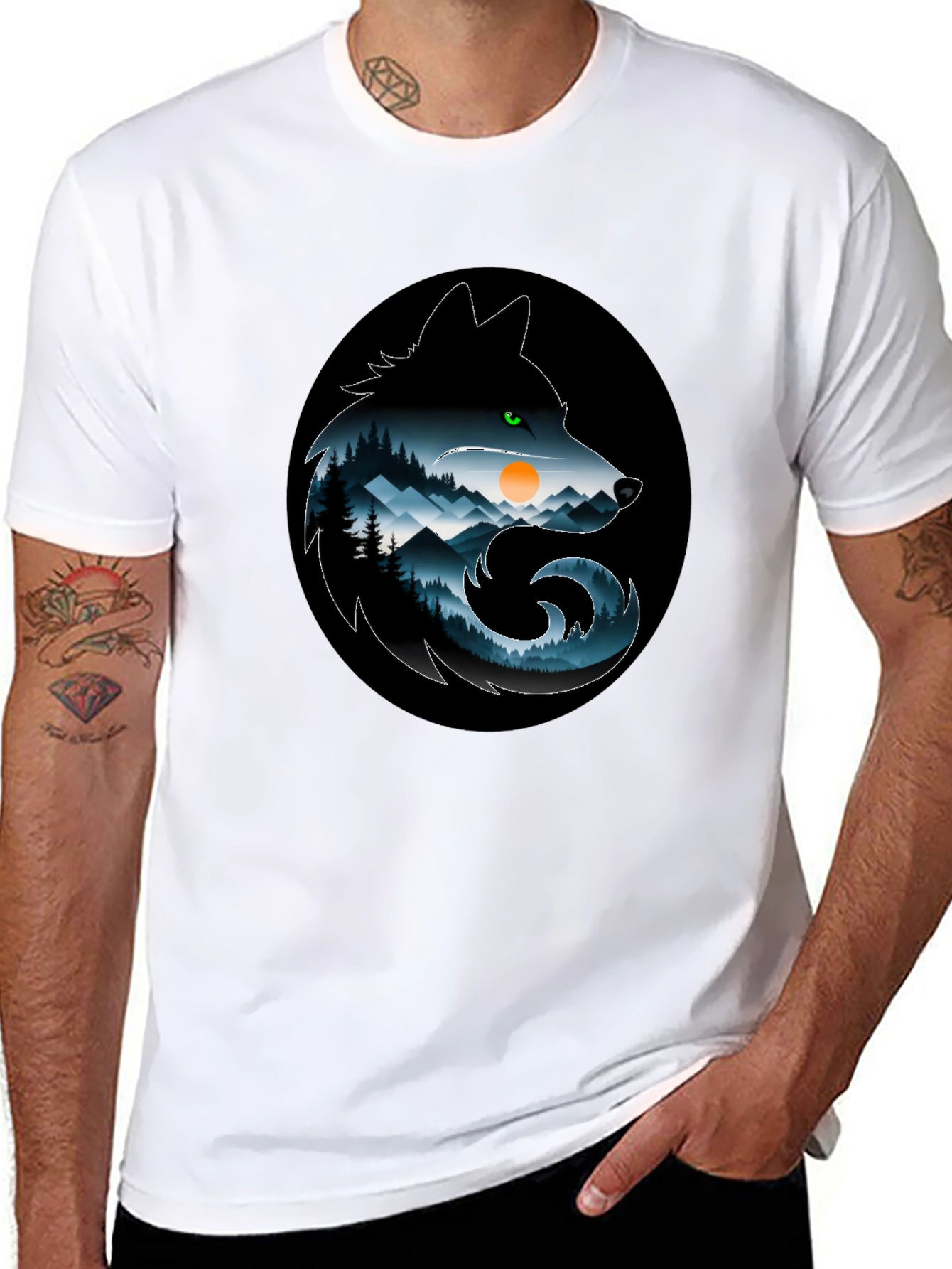 Black Wolf Silhouette Mountain T-Shirt - Nature Inspired Design view 8