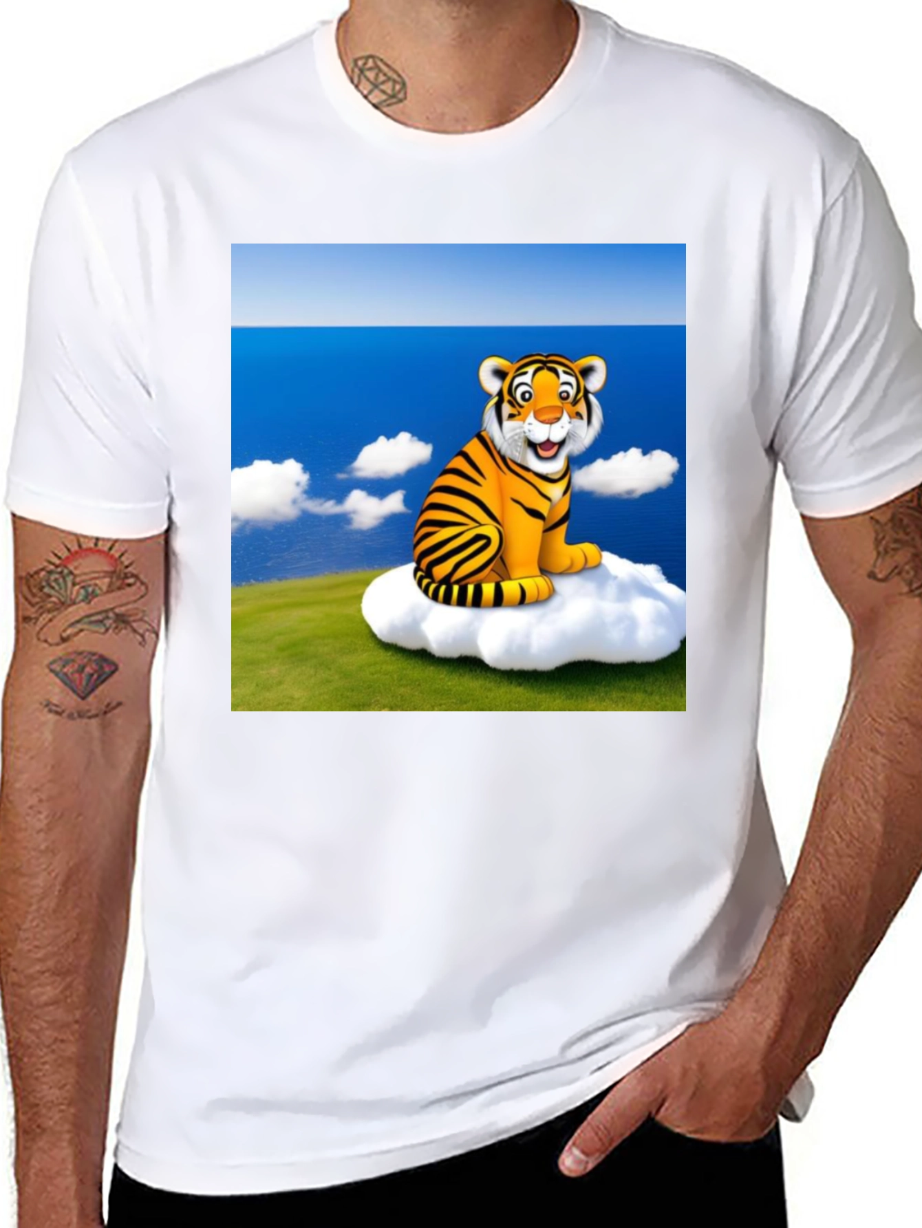 Black Cartoon Tiger on Cloud Black T-Shirt view 8
