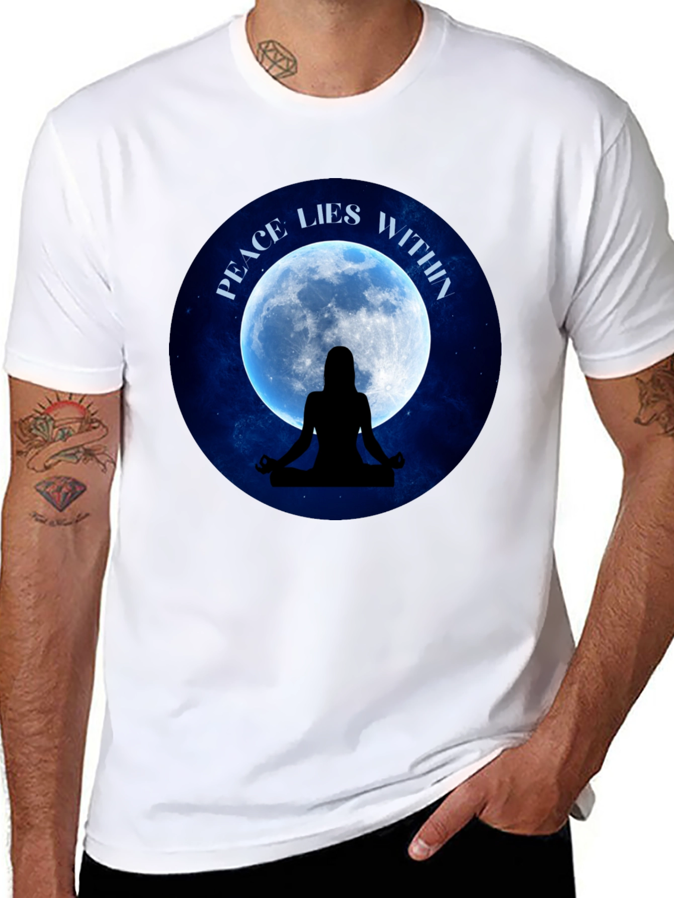 Black Peace Within T-Shirt - Meditating Silhouette Moon Graphic Tee view 8