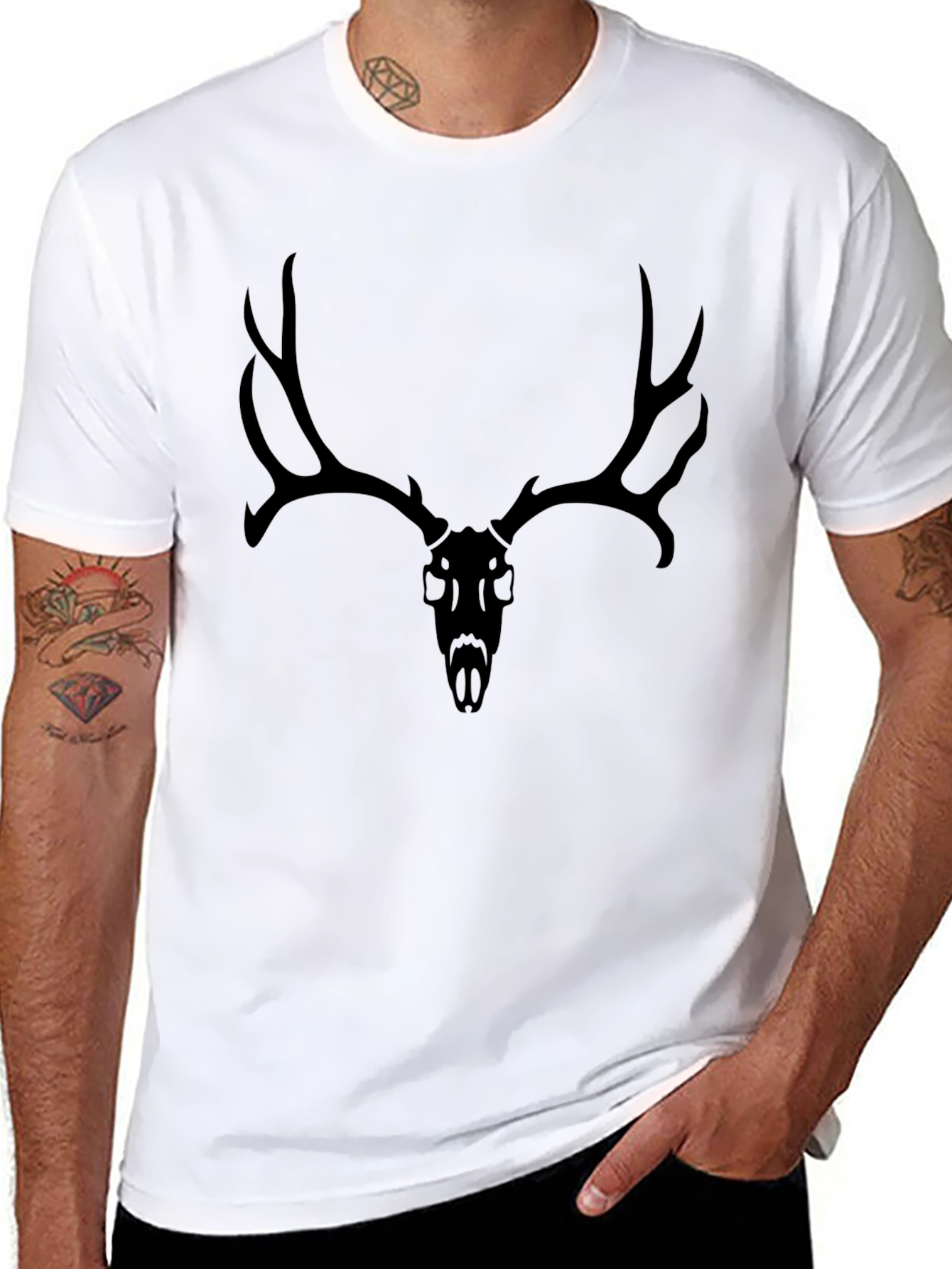 Men's Black T-Shirt with Deer Skull Graphic - 8