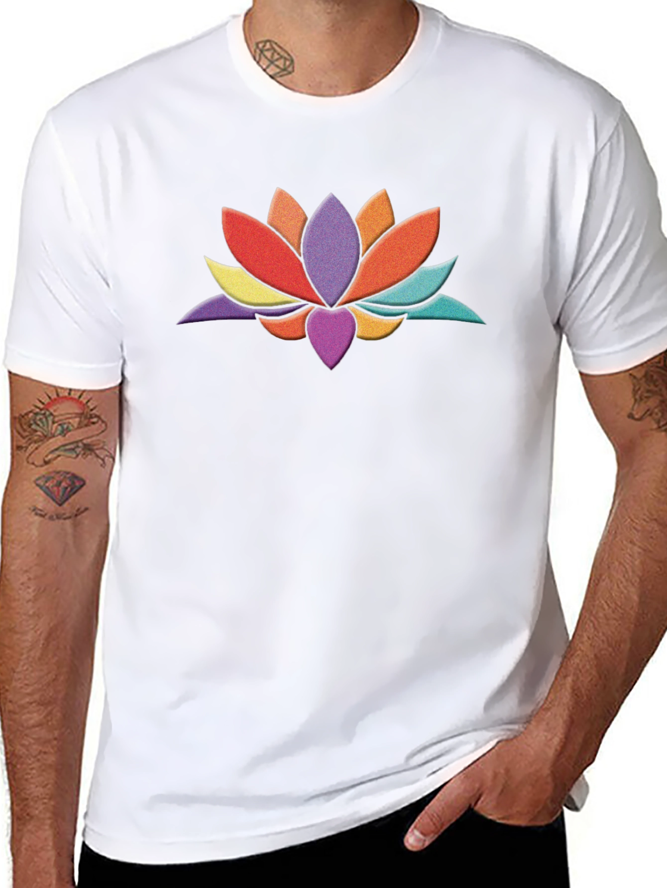 Black Colorful Lotus Flower Graphic Black T-Shirt view 8