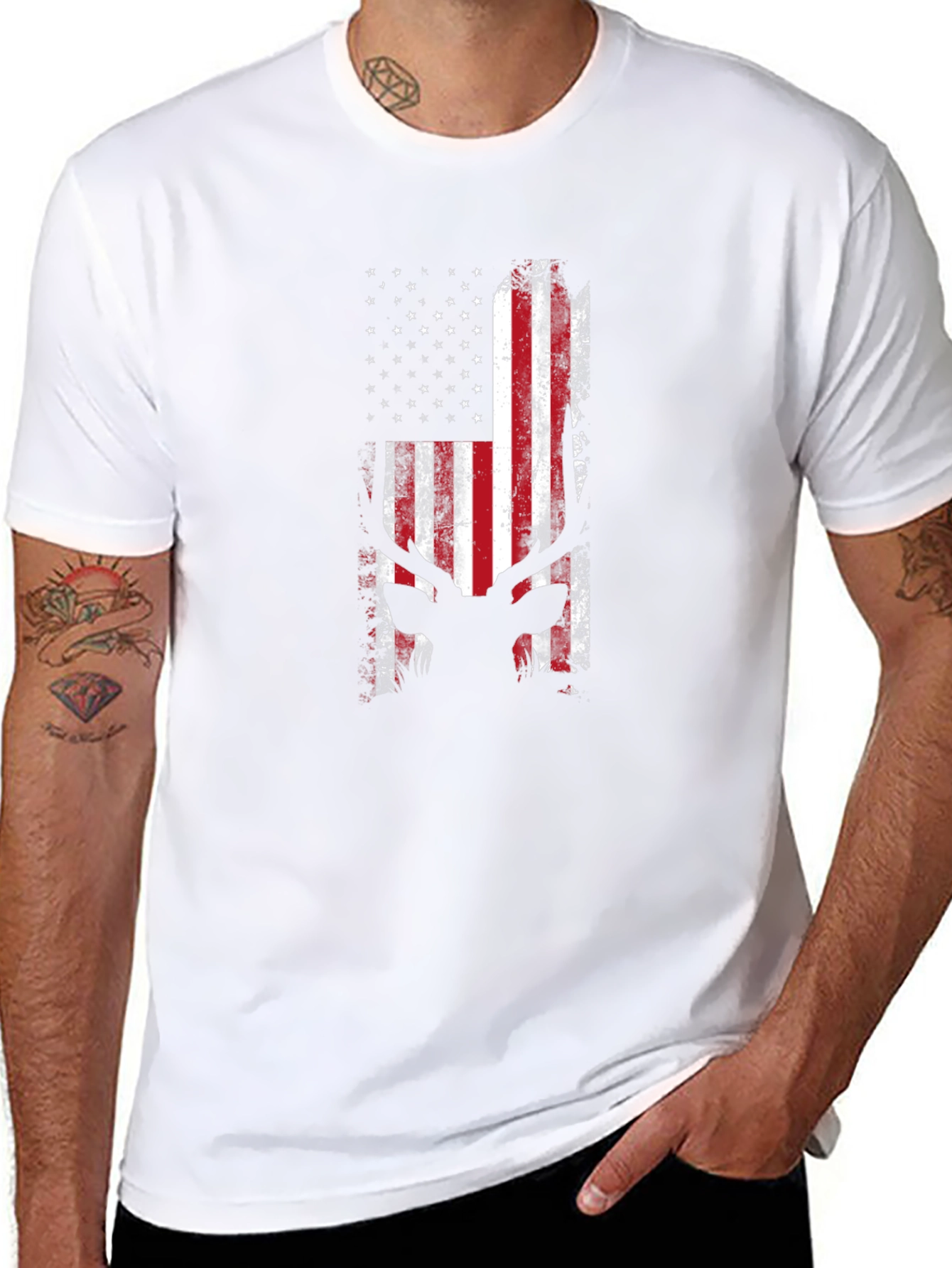 Black American Flag Deer Silhouette T-Shirt view 8