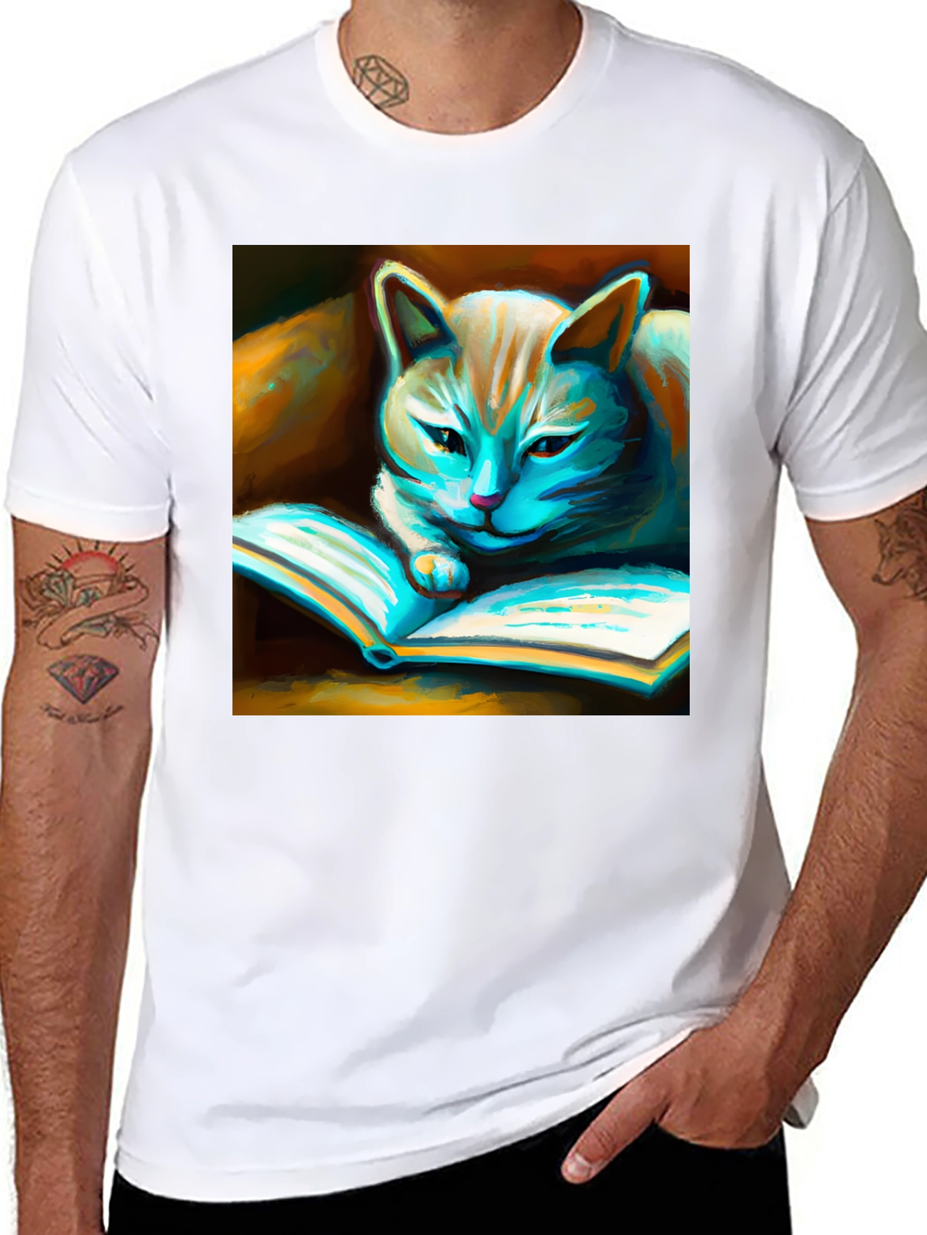 Black Cat Reading Book Graphic T-Shirt view 8