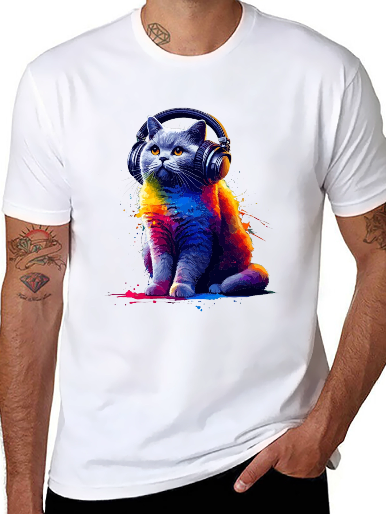 Black Cool Cat Headphones T-Shirt - Colorful Graphic Tee view 8