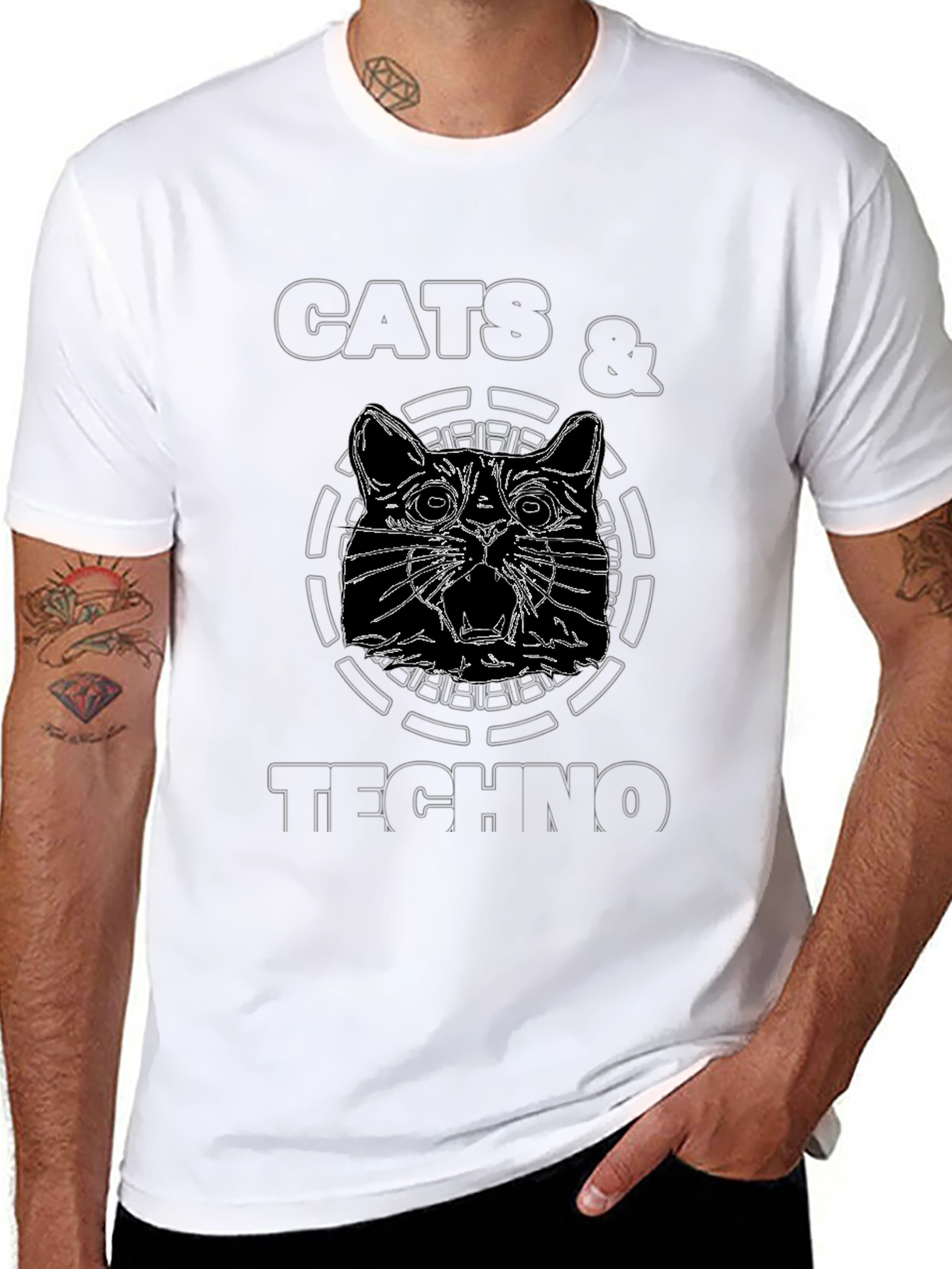 Black Cats & Techno Graphic T-Shirt - Cool EDM Rave Tee view 8