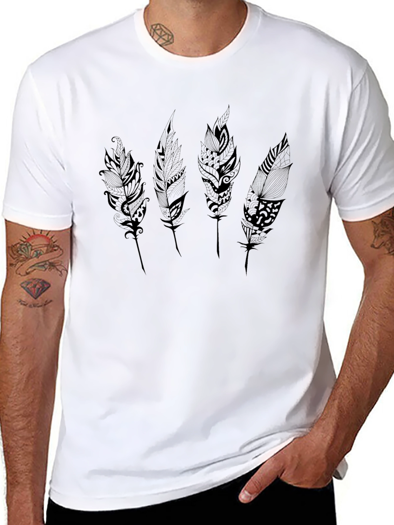Black Feather Print Black T-Shirt view 8