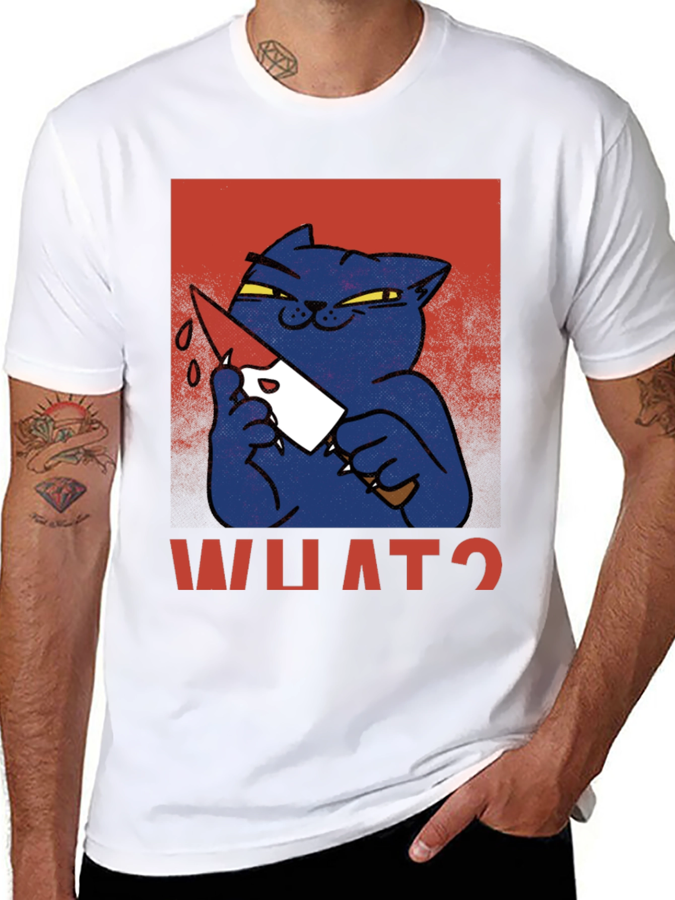 Black Killer Cat Graphic T-Shirt - "WHAT?" Funny Men's Tee view 8