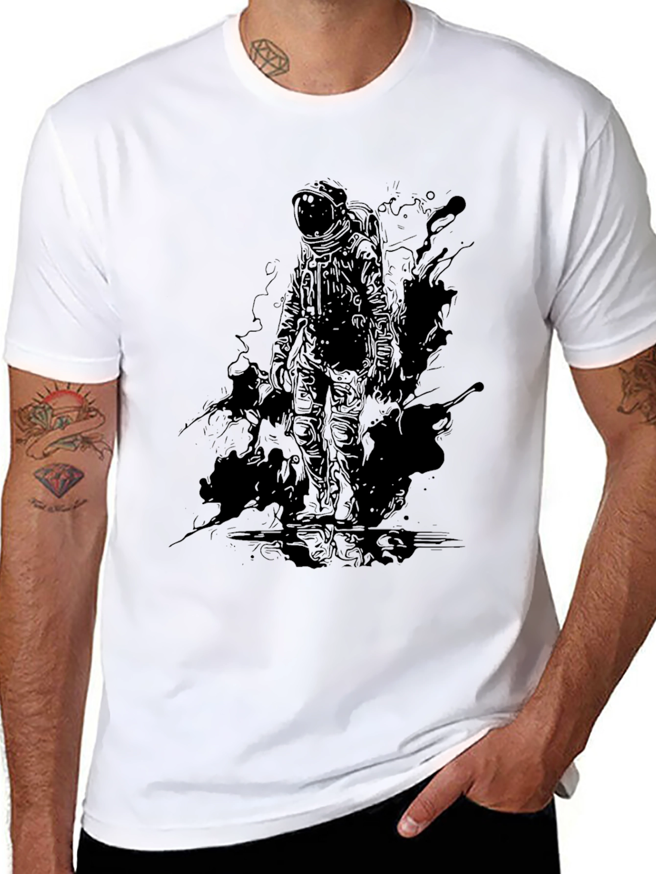 Black Astronaut Graphic Tee - Black Crew Neck Cotton T-Shirt view 8
