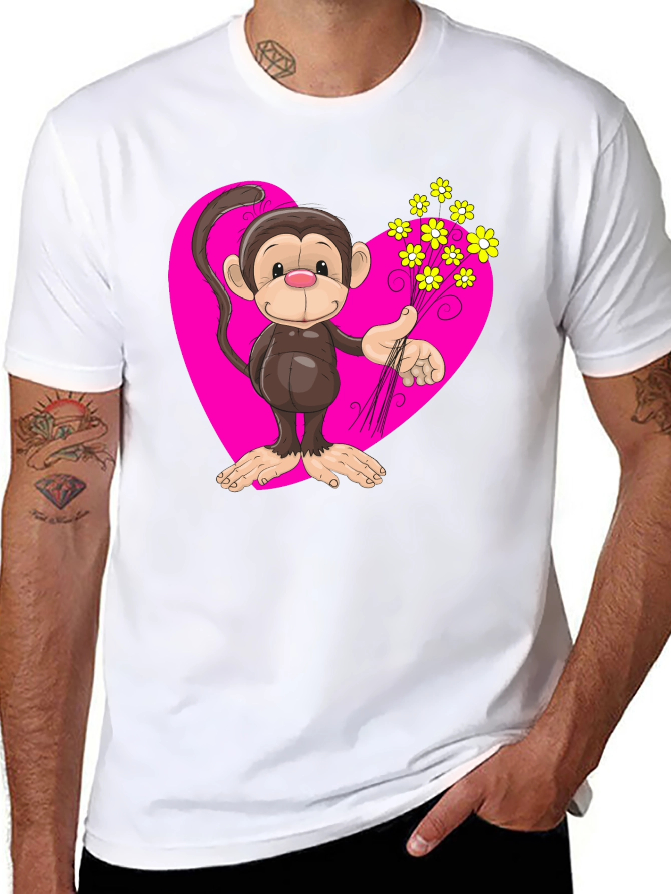 Black Monkey Love T-Shirt - Cartoon Heart Flowers view 8