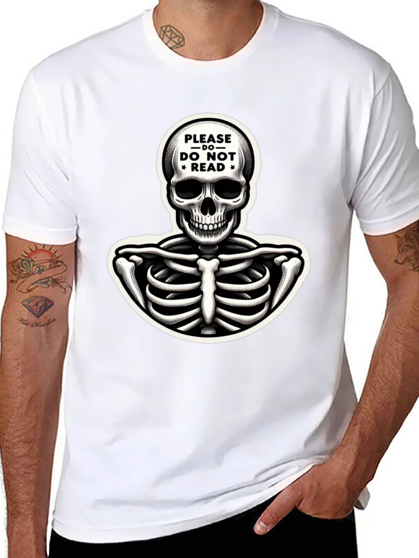 Black Humorous Skeleton Graphic Tee - "Please Do Not Read" view 8