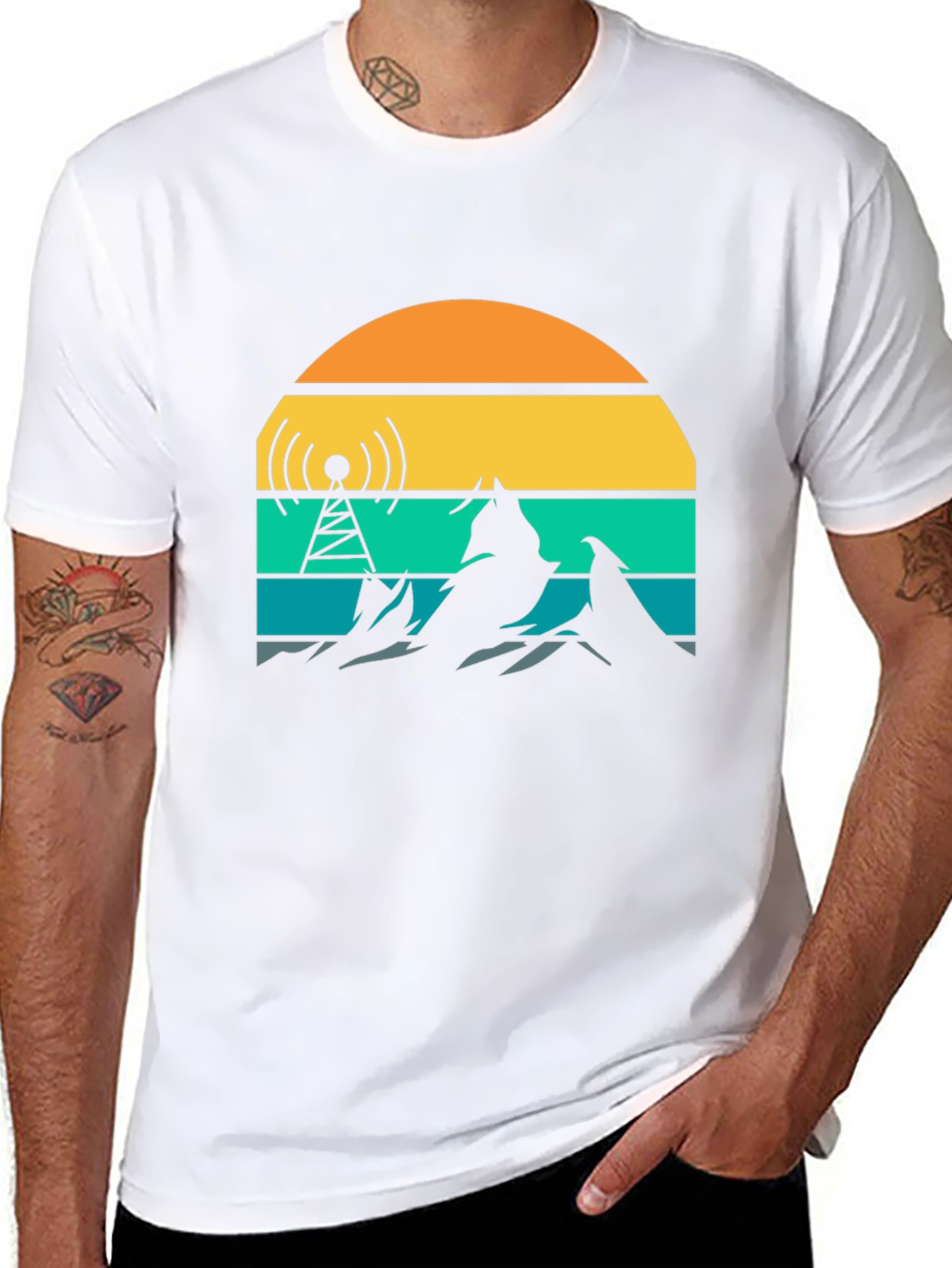 Black Retro Sunset Mountain Radio Tower T-Shirt view 8