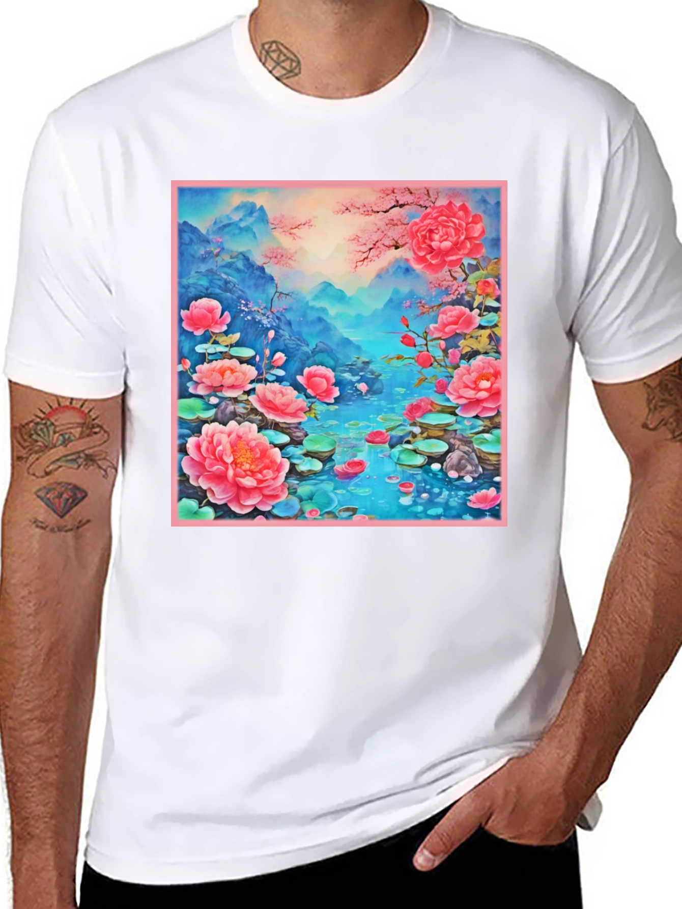 Black Floral Lotus Lake Graphic Tee - Unique Design view 8