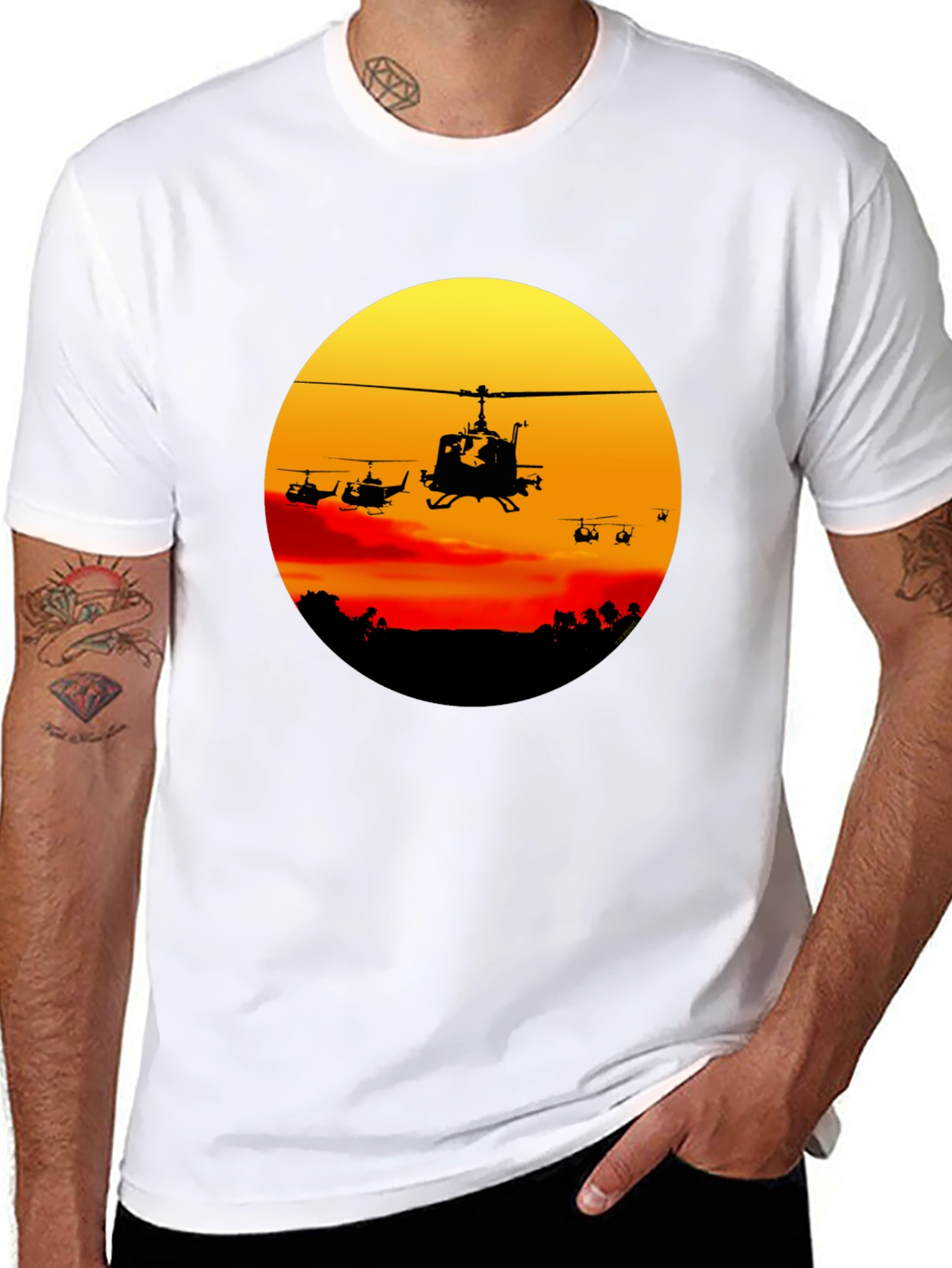 Black Retro Helicopter Sunset Graphic T-Shirt view 8