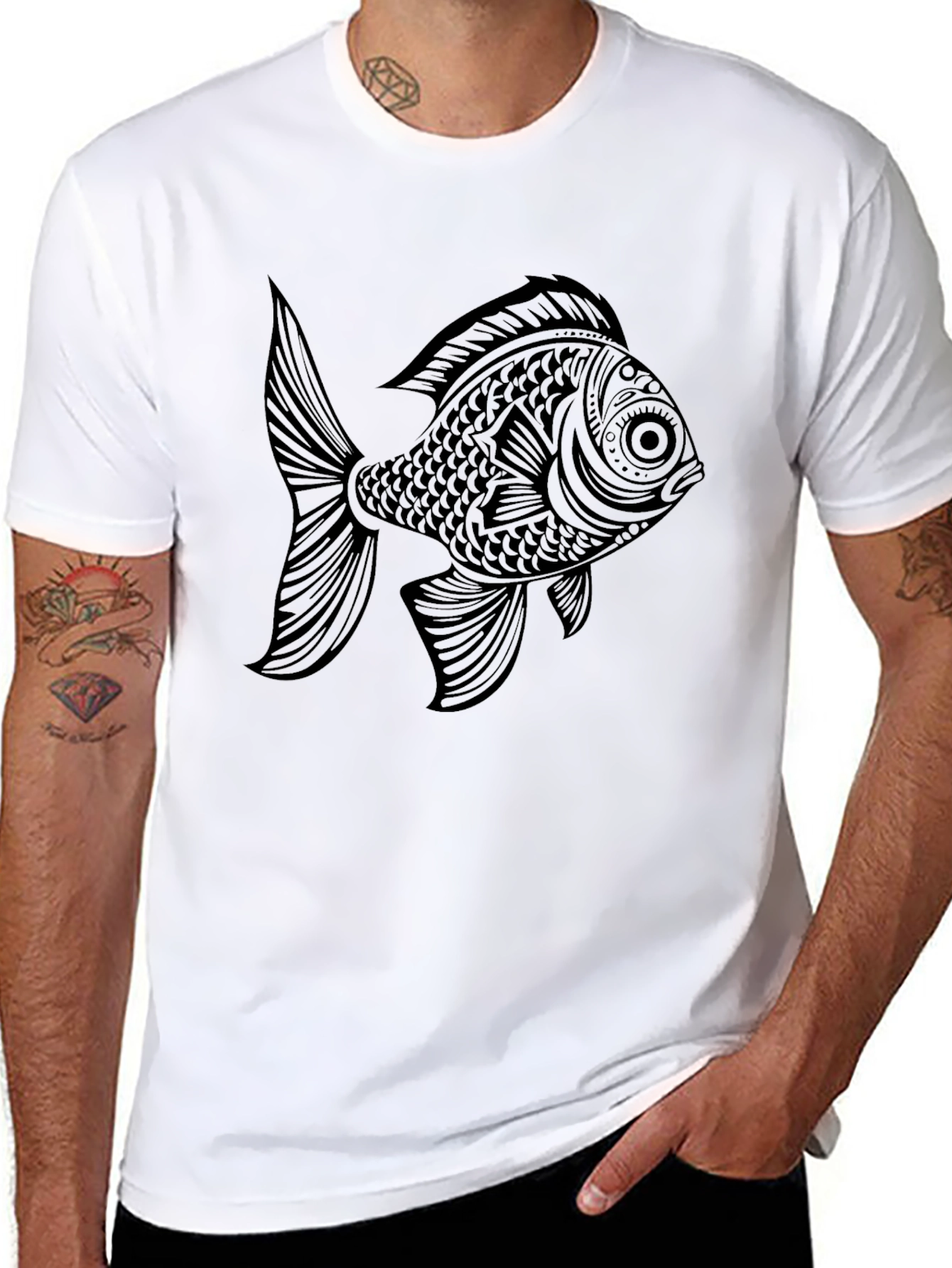 Black Black T-Shirt with Ornate Fish Graphic view 8