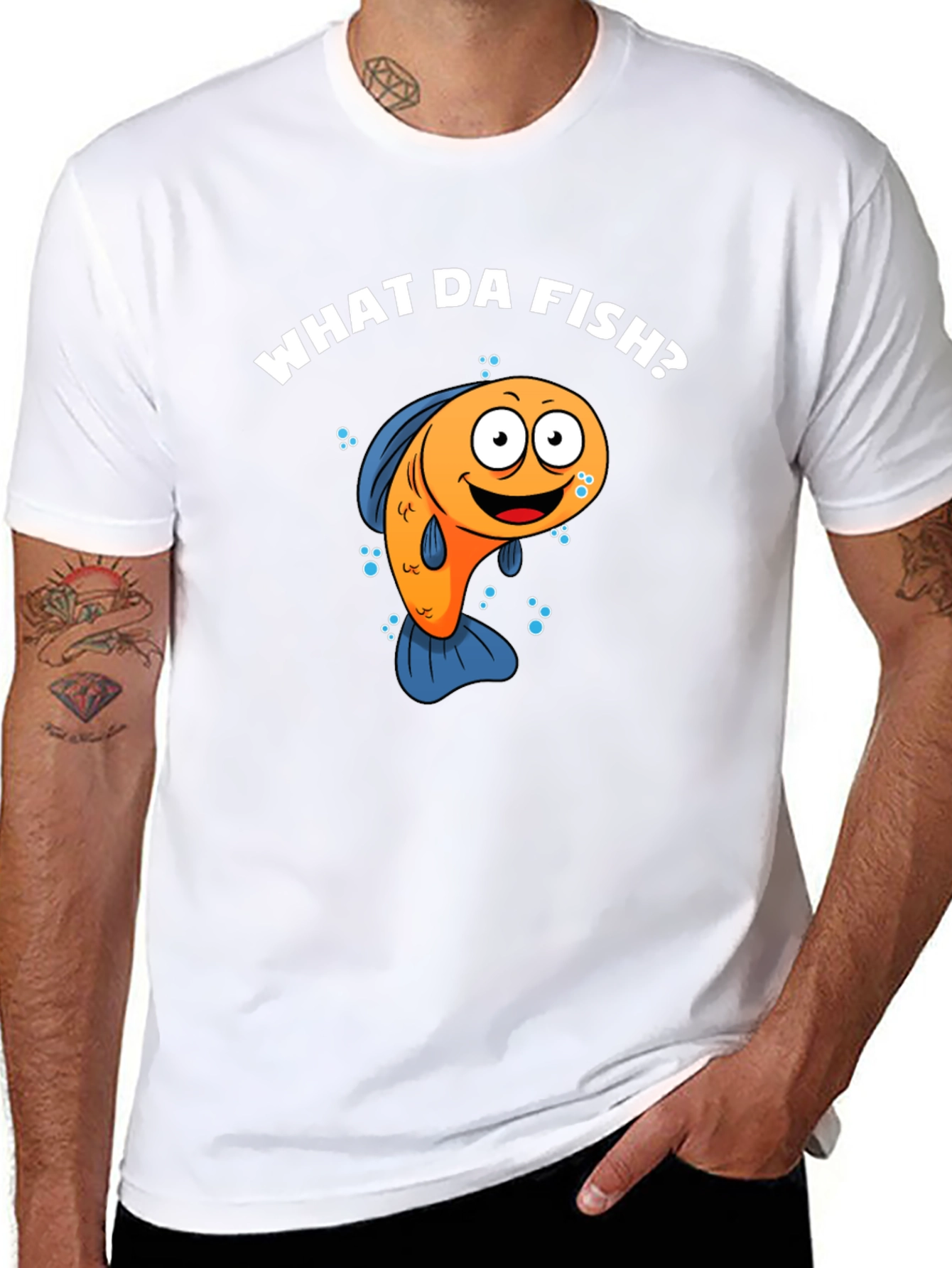 Black Funny What Da Fish? Cartoon Black T-Shirt view 8