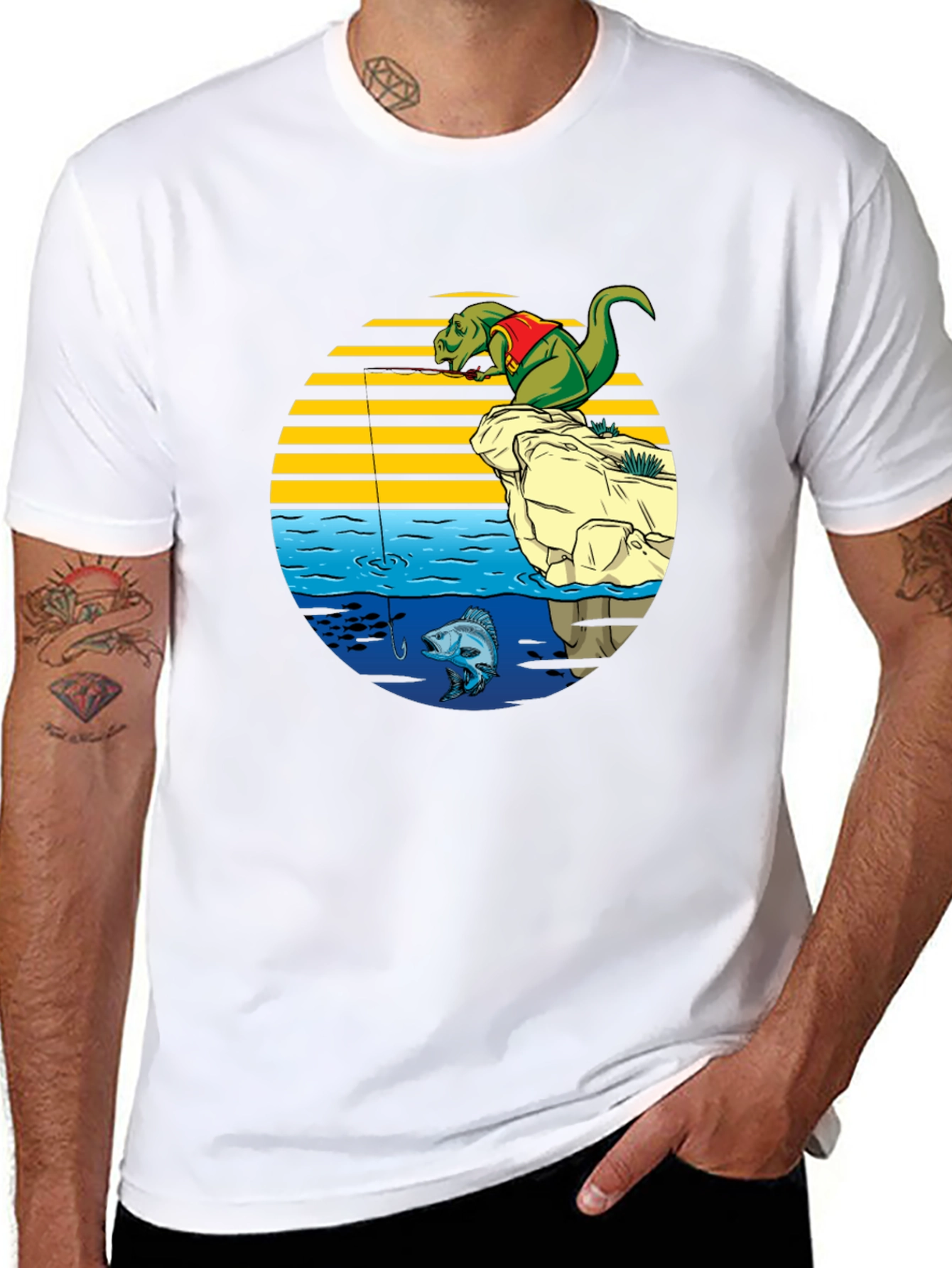 Black Dino Fishing Graphic T-Shirt - Fun Novelty Tee view 8