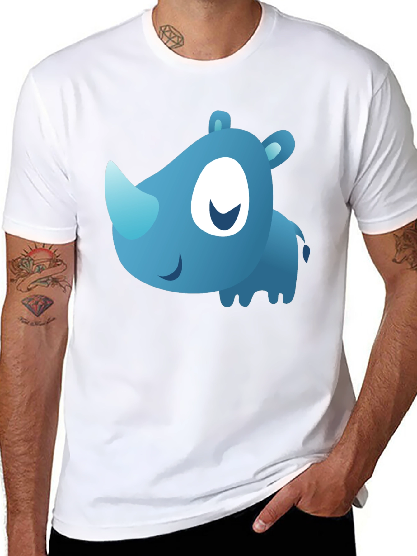 Black Cute Blue Cartoon Rhino Black T-Shirt view 8