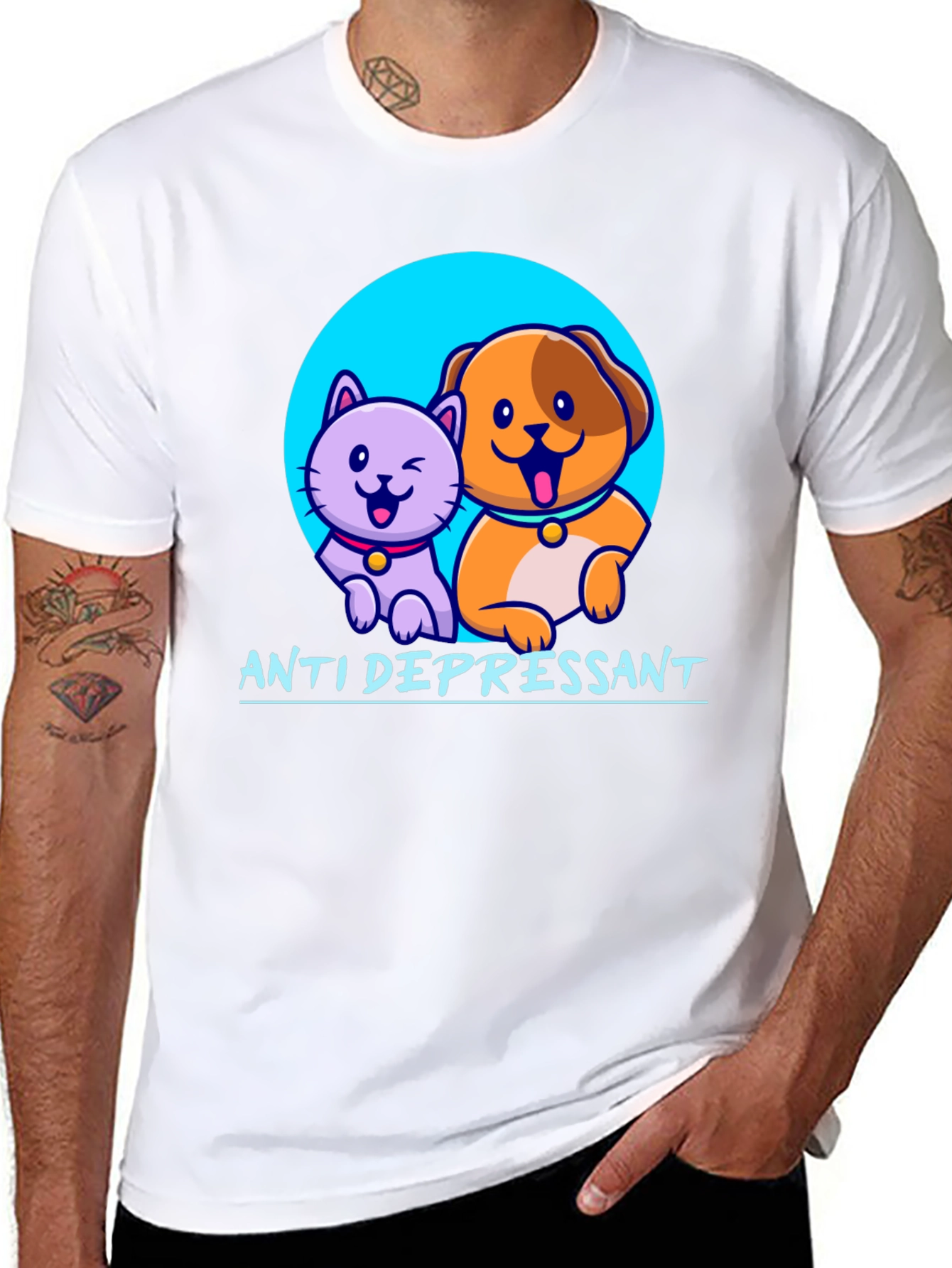 Black Anti Depressant Cat and Dog Graphic T-Shirt view 8