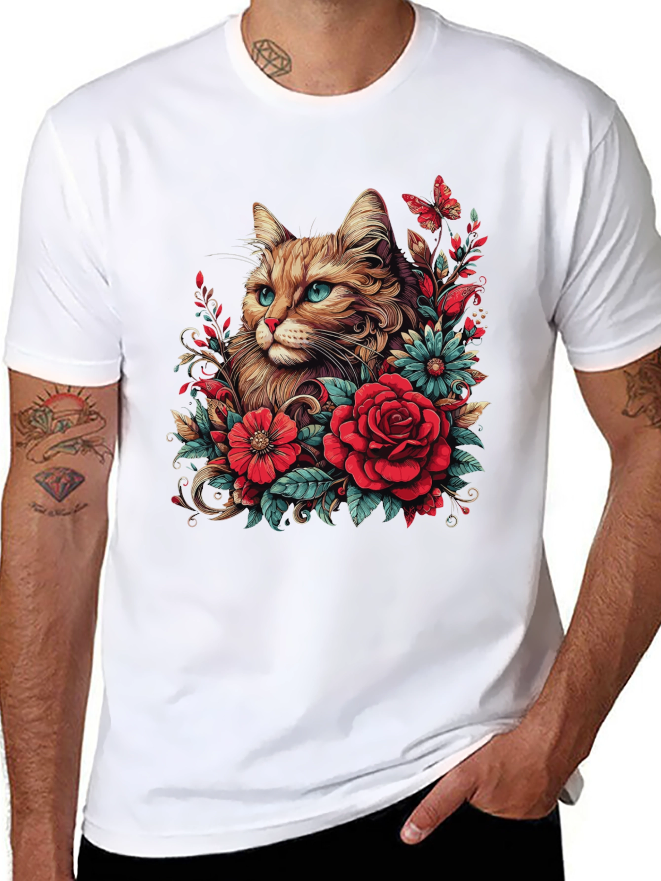 Black Cat & Floral Graphic Tee - Men's Black T-Shirt view 8