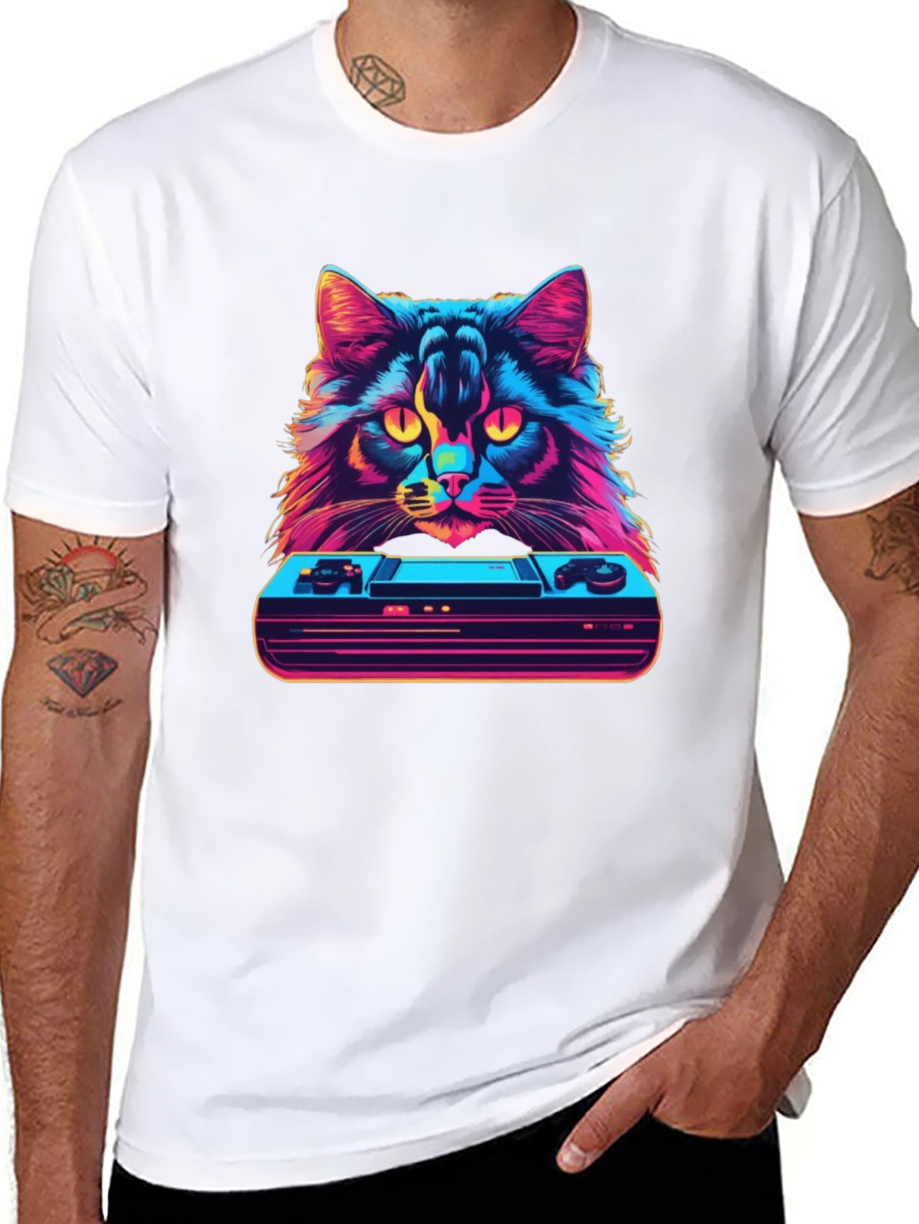 Black Retro Cat Gamer T-Shirt - Vintage Console Design view 8