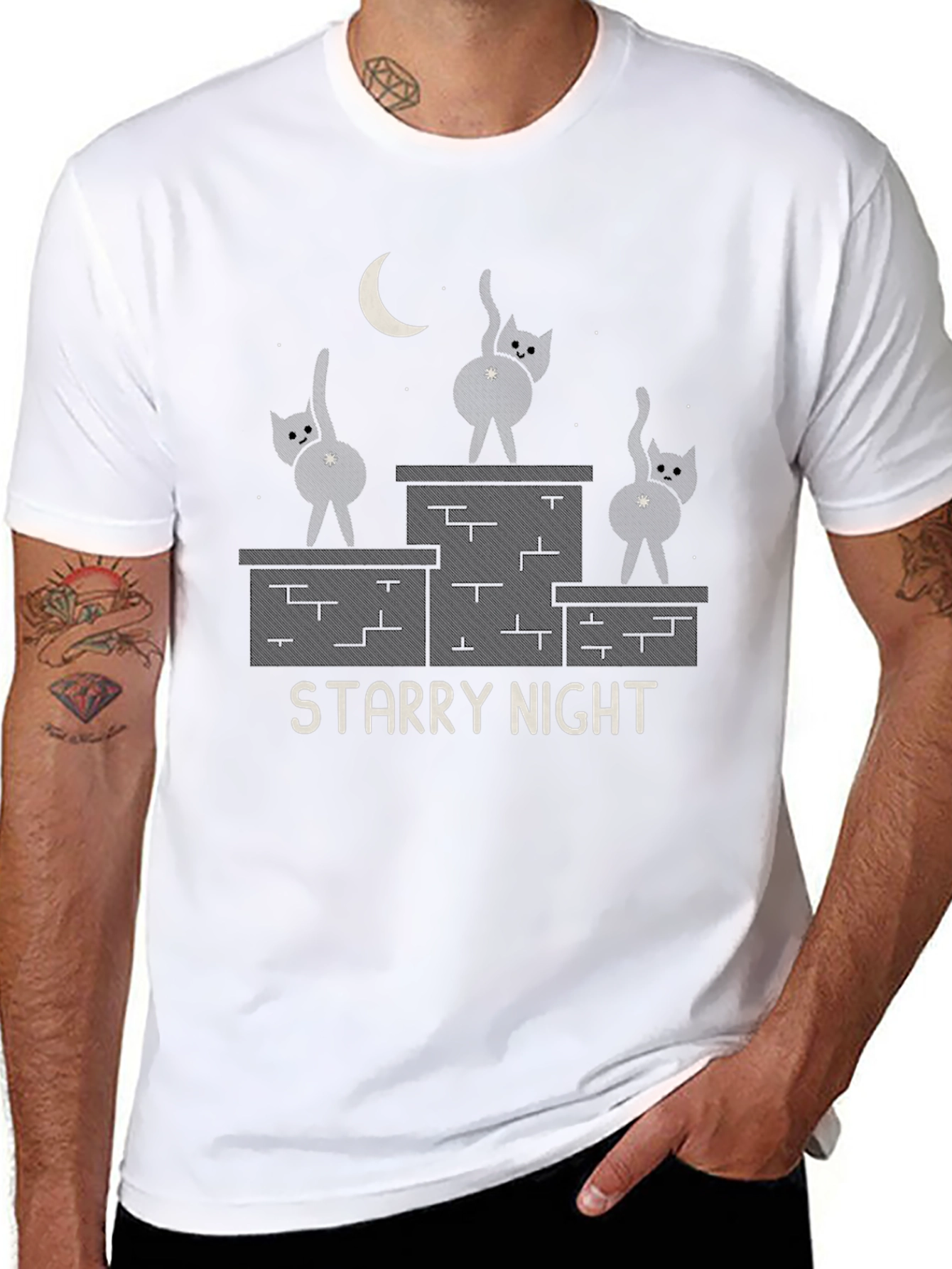 Black Starry Night Cat T-Shirt - Funny Graphic Tee view 8