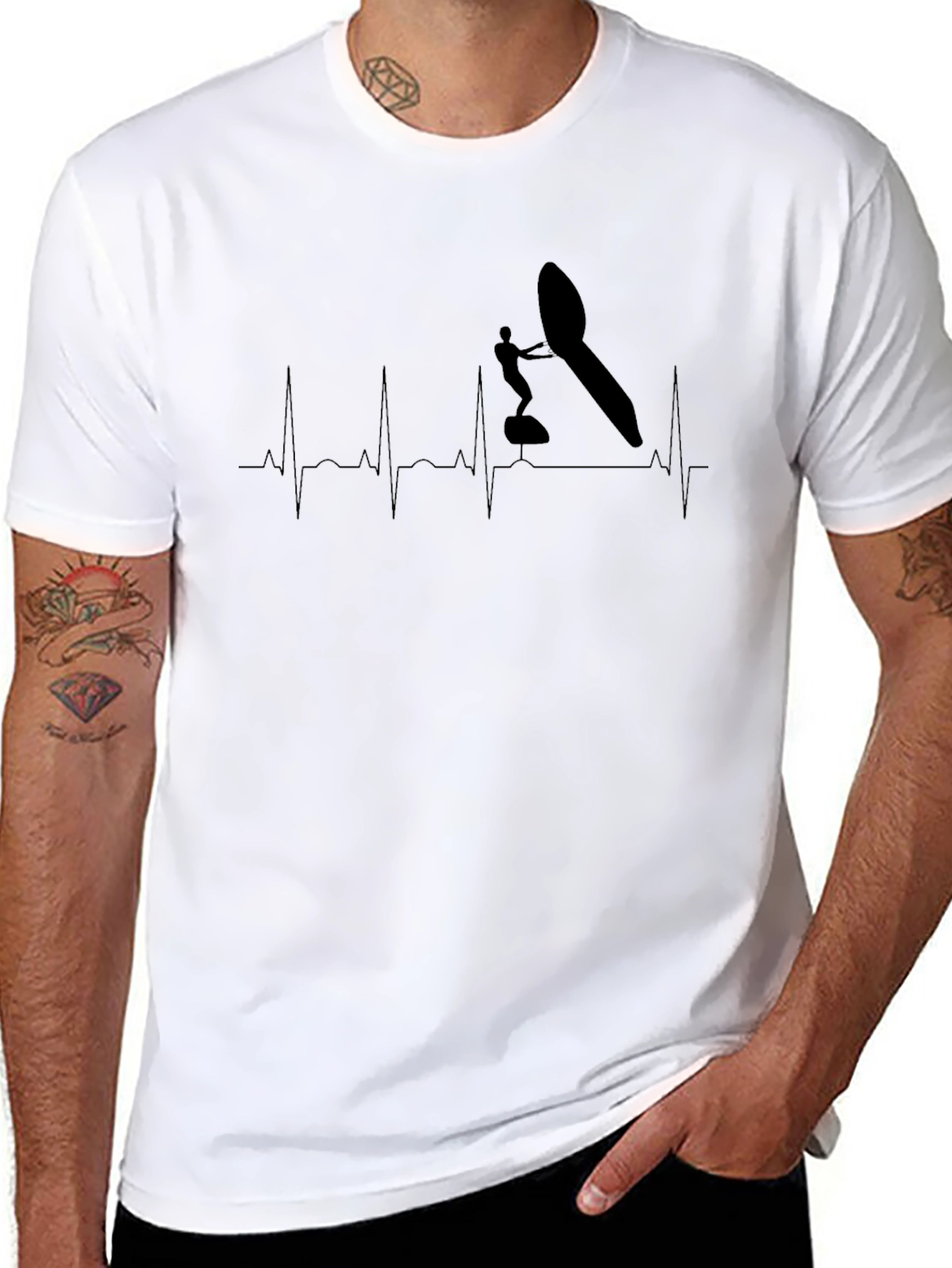 Black Windsurfing Heartbeat T-Shirt - Black Cotton Tee view 8