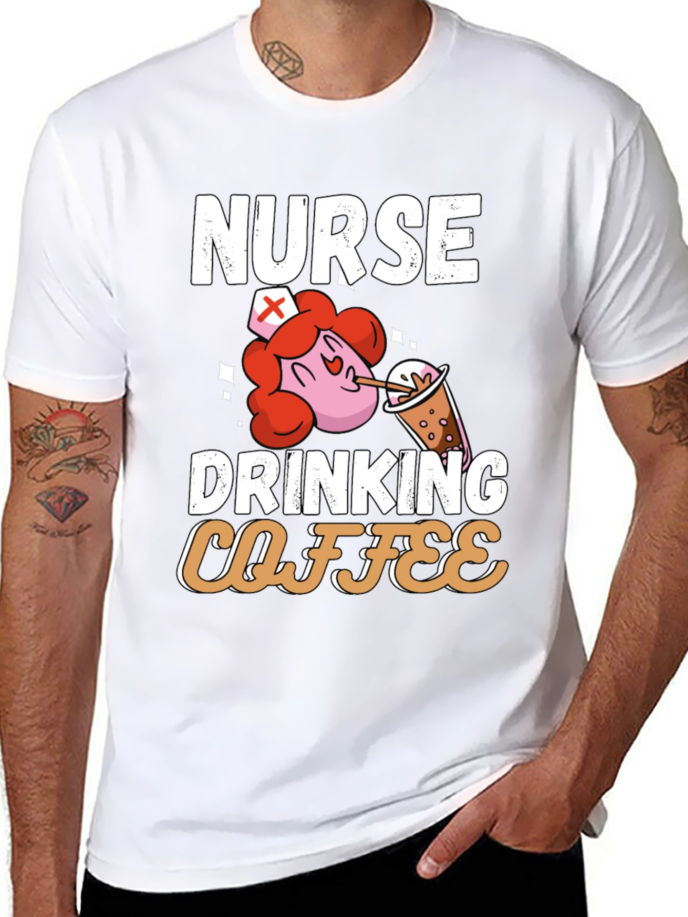 Black Nurse Drinking Coffee Graphic T-Shirt view 8