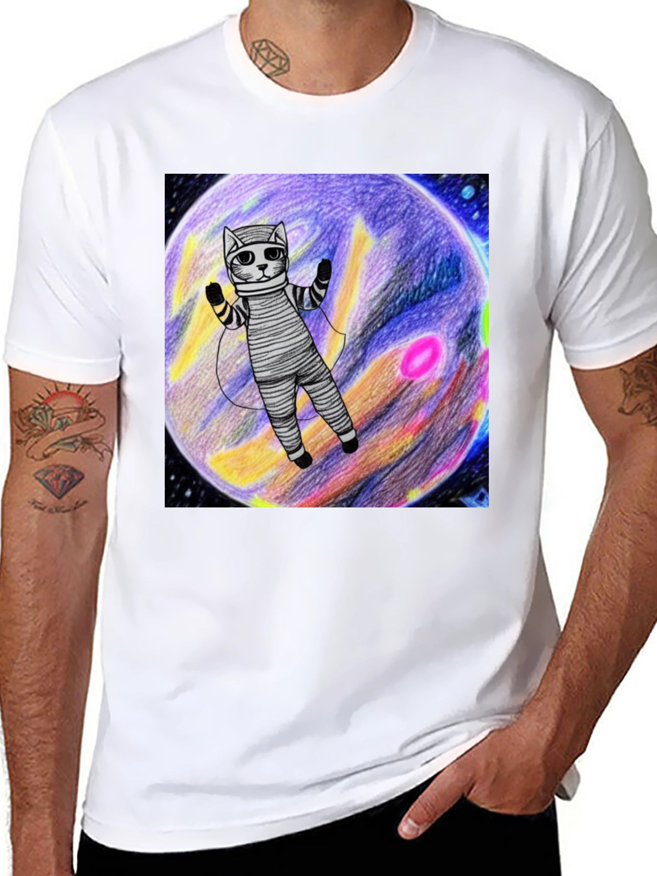 Black Cosmic Cat T-Shirt - Space Explorer Design view 8