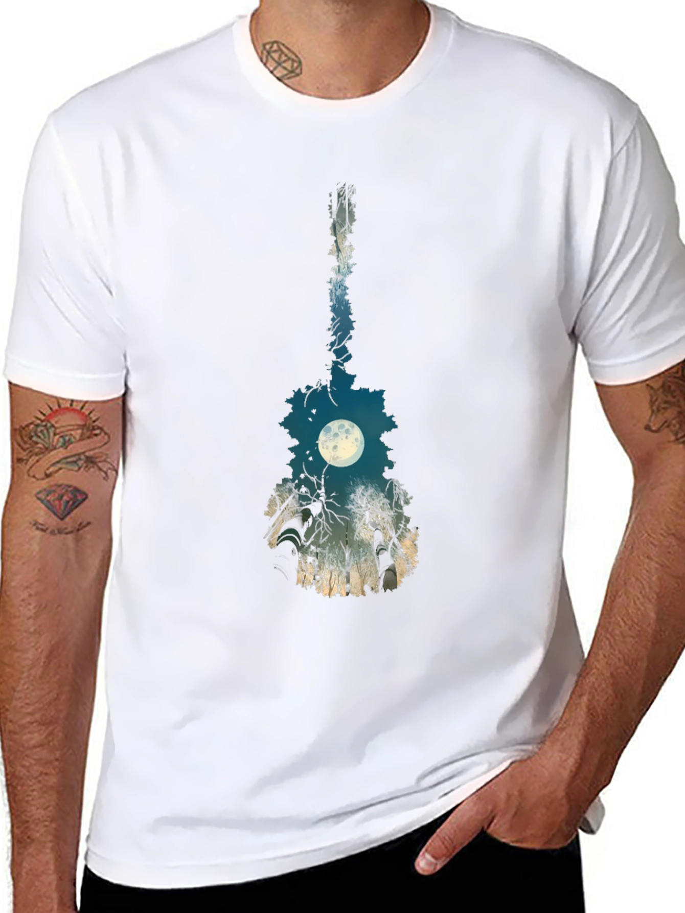 Black Guitar Moon T-Shirt - Unique Nature Design view 8