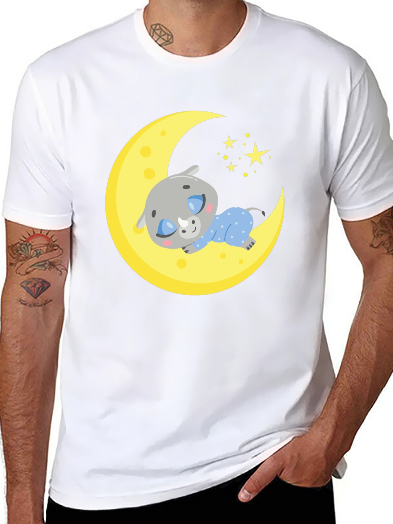 Black Cute Sleeping Rhino on Moon T-Shirt view 8