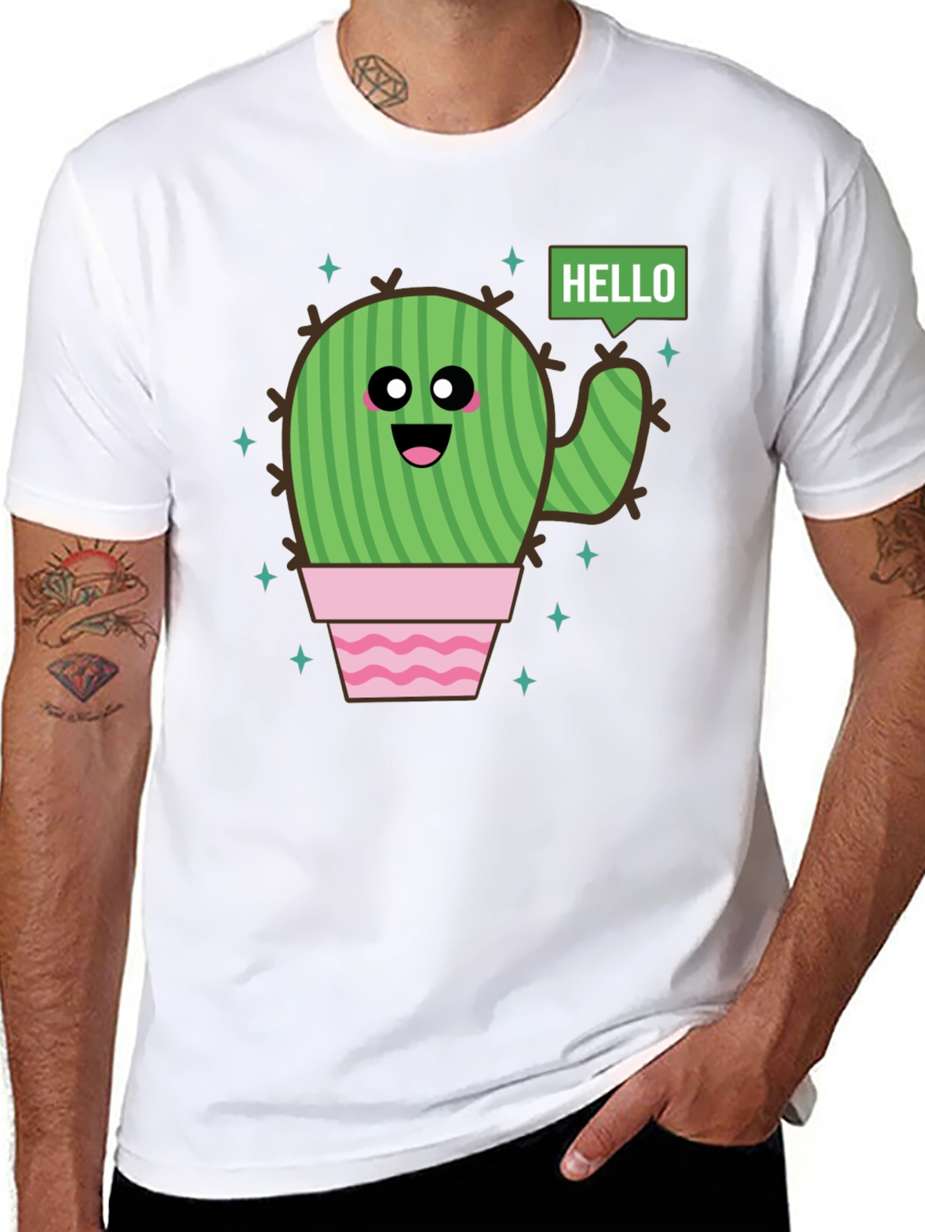 Black Cute Cartoon Cactus Graphic Tee - Black Cotton T-Shirt view 8