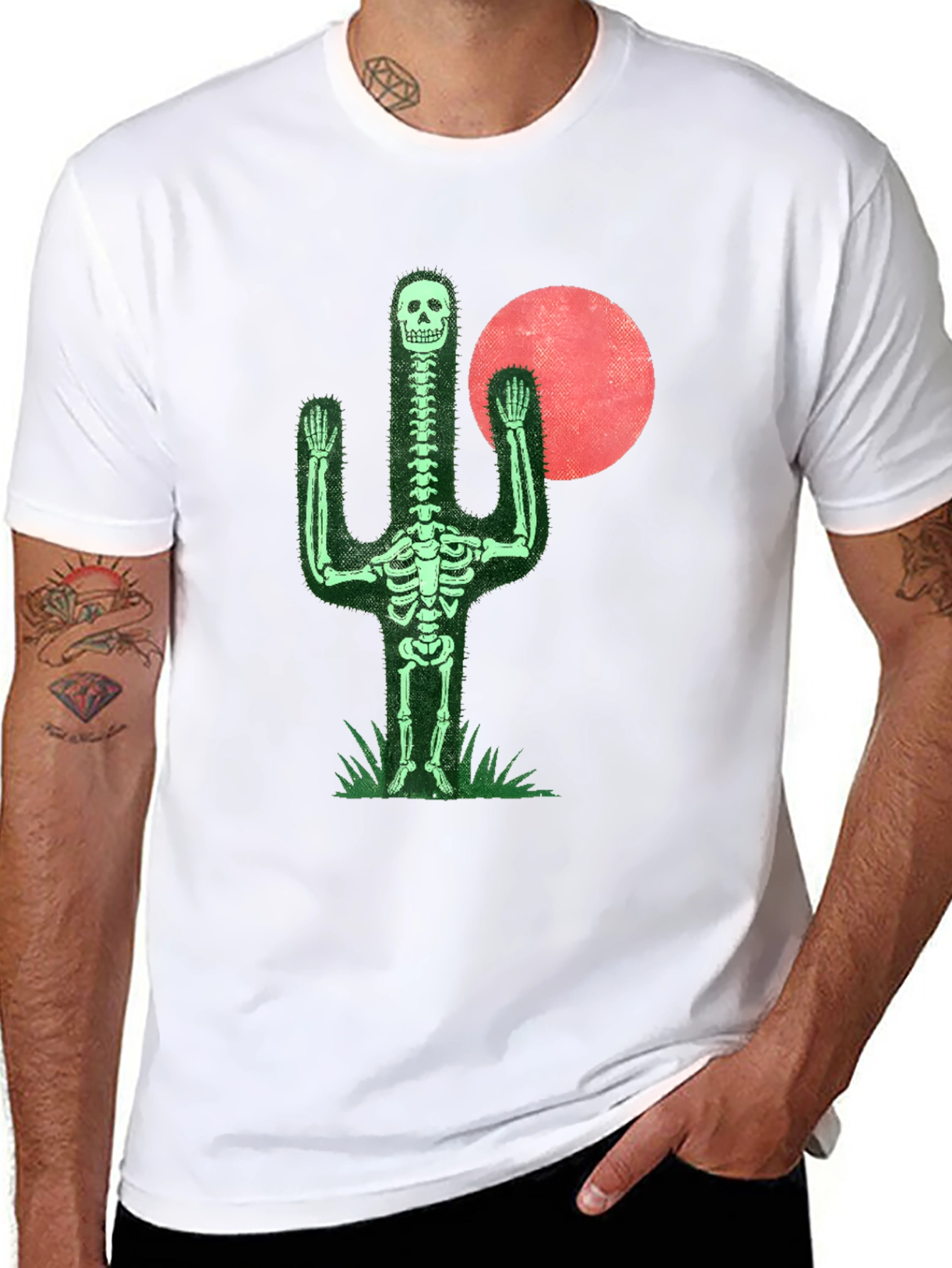 Black Skeleton Cactus Graphic Tee - Novelty Print Shirt view 8