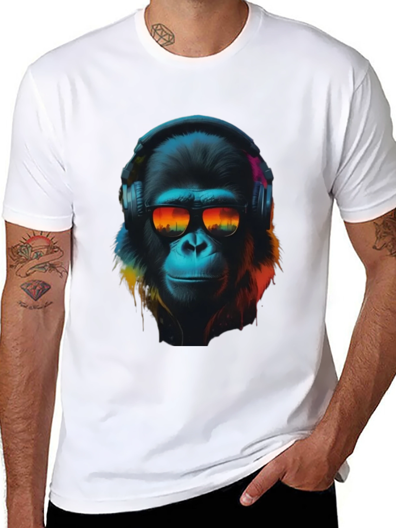 Black Cool Ape Graphic T-Shirt - DJ Gorilla in Headphones view 8