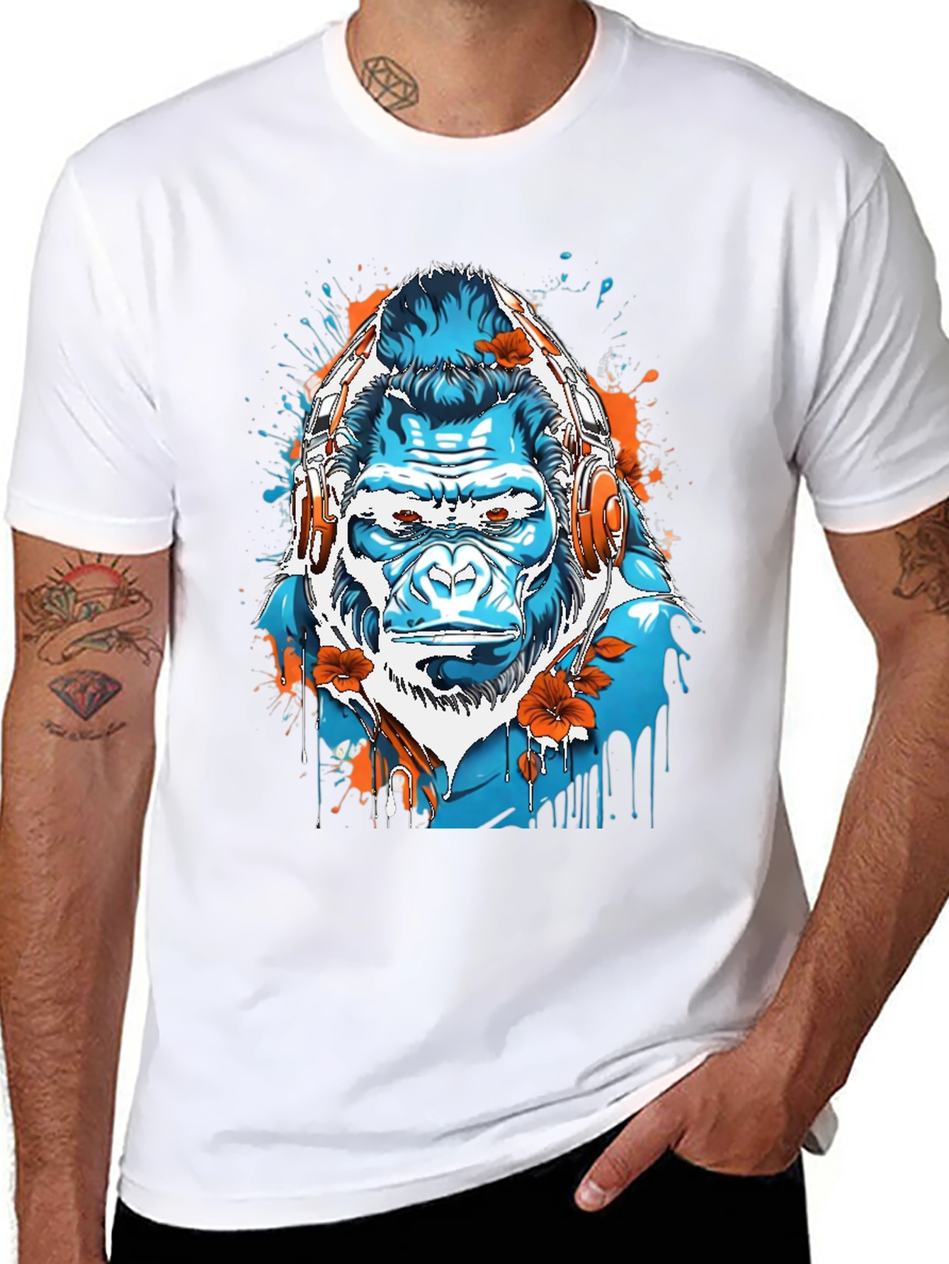 Black Cool Gorilla with Headphones Graphic Tee view 8