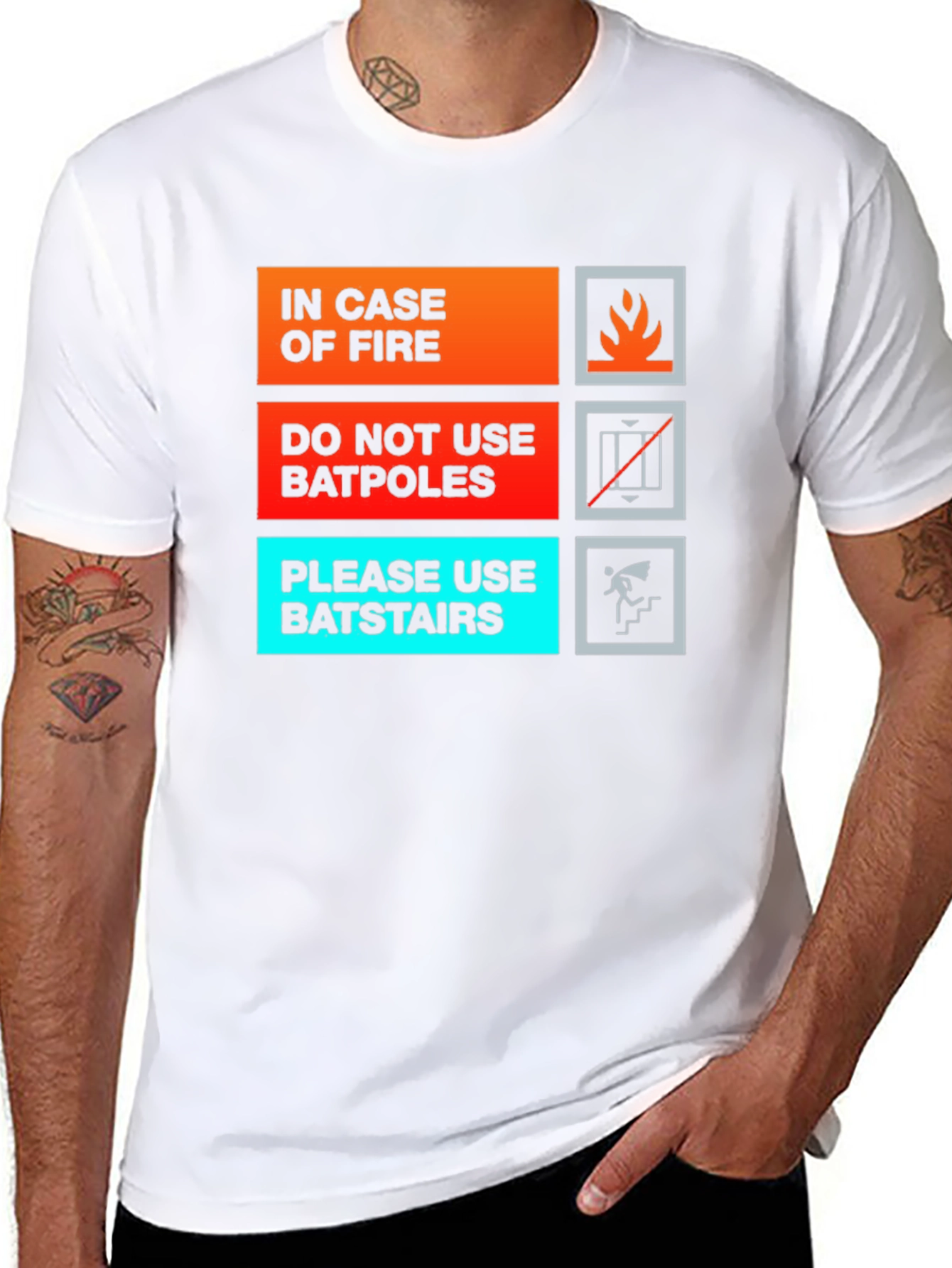 Black Humorous In Case of Fire T-Shirt - Batpole/Batstair Design view 8