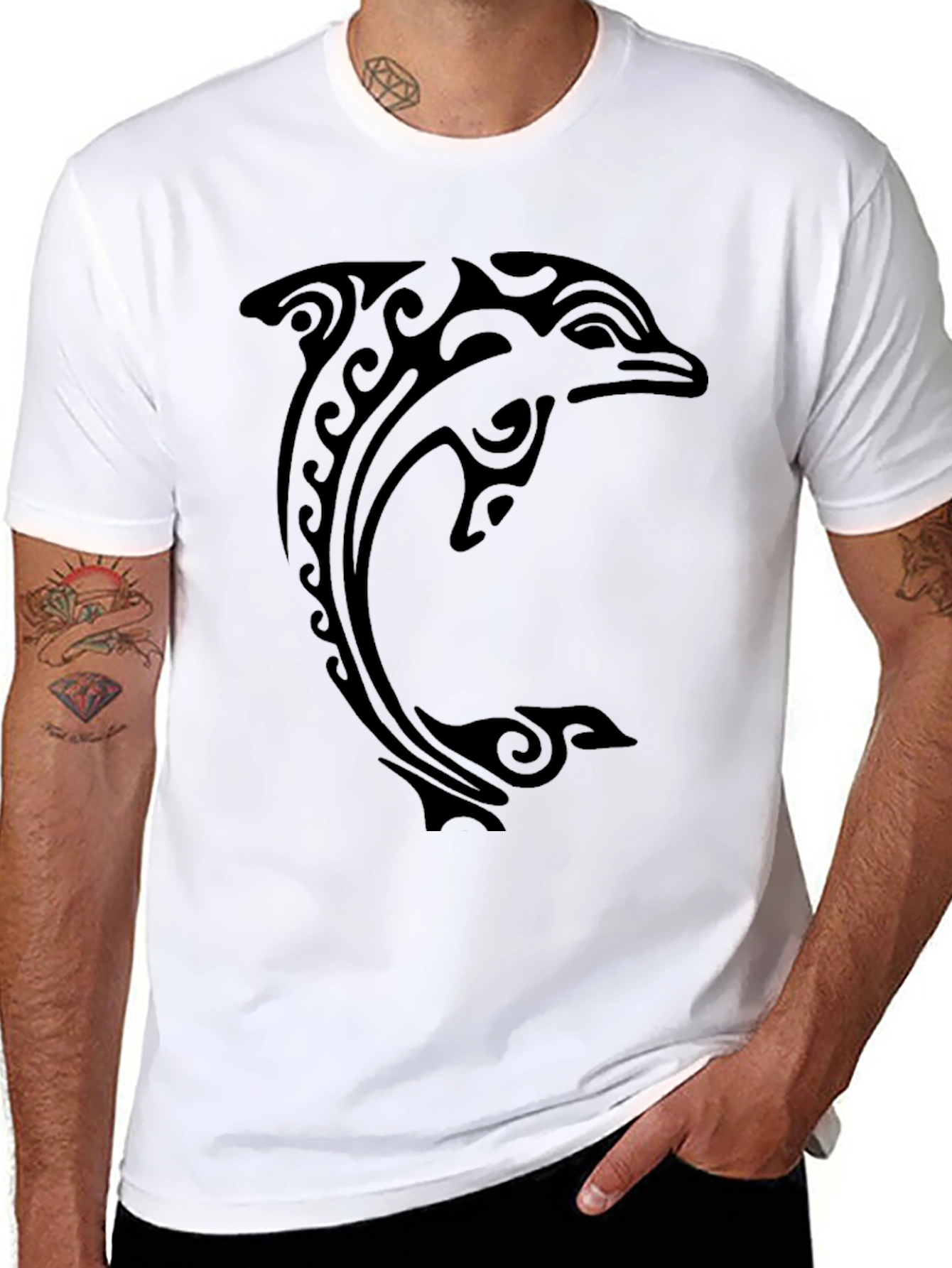 Black Tribal Dolphin Graphic Tee - Black Cotton T-Shirt view 8
