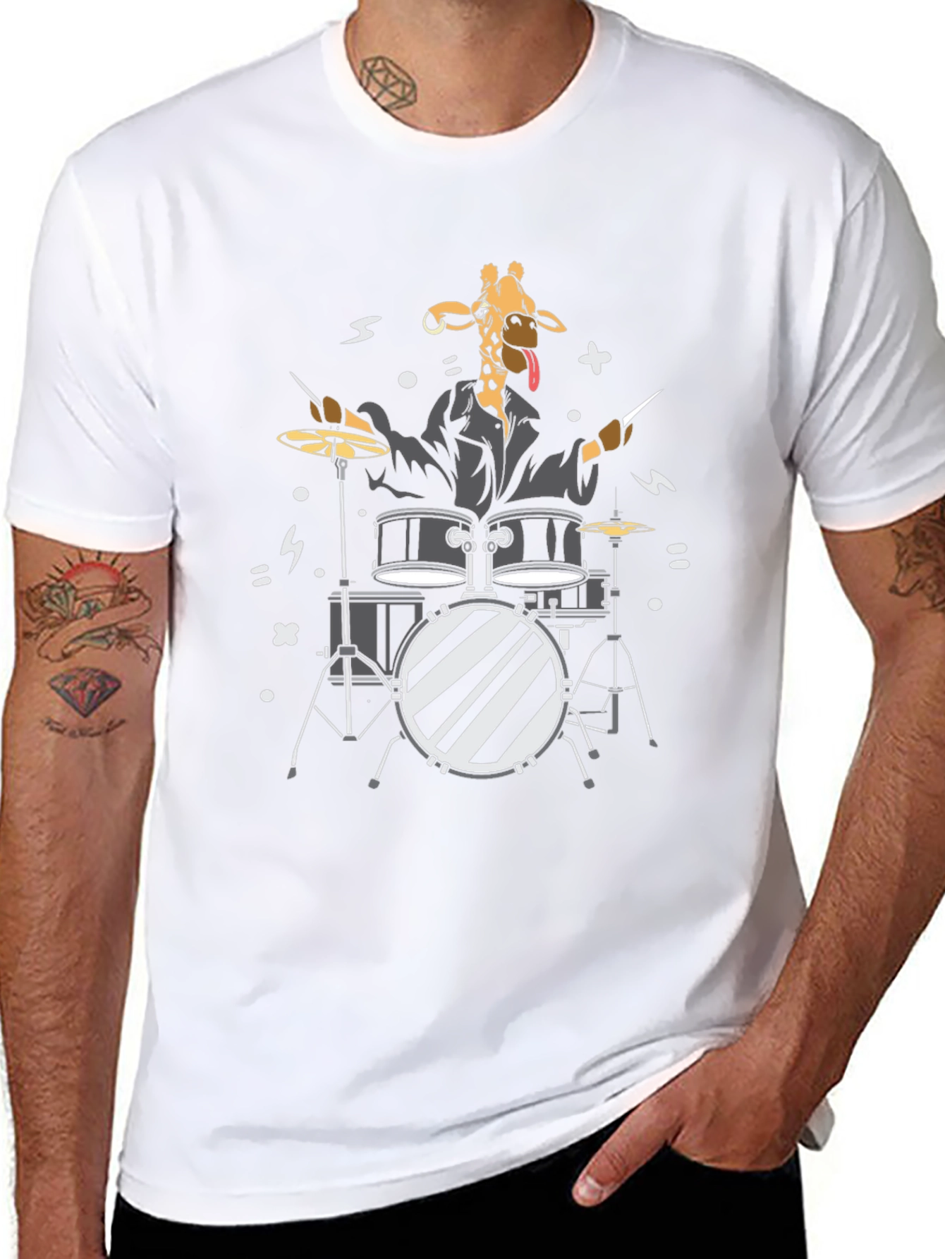 Black Giraffe Drummer Graphic T-Shirt - Black Cotton Tee view 8